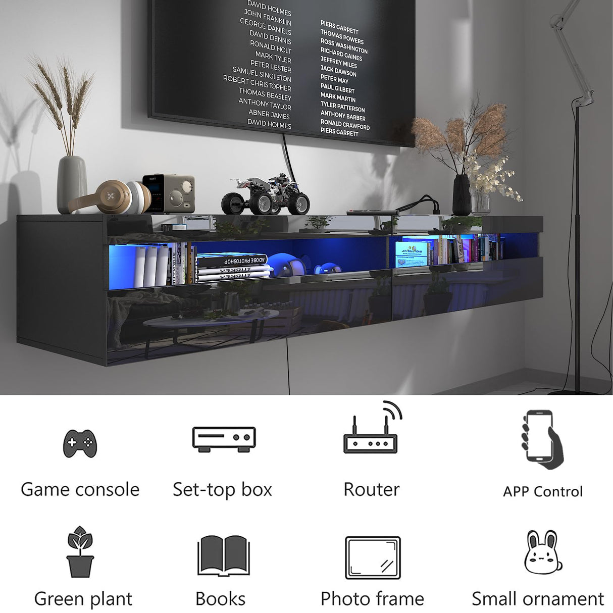 ANTISTA Floating TV Stand with Led Lights, 71 inch Wall Mounted TV Shelf with Power Outlet, Modern Entertainment Center Media Console with Storage Cabinet, Up to 80 Inch TVS, Black ANTISTA