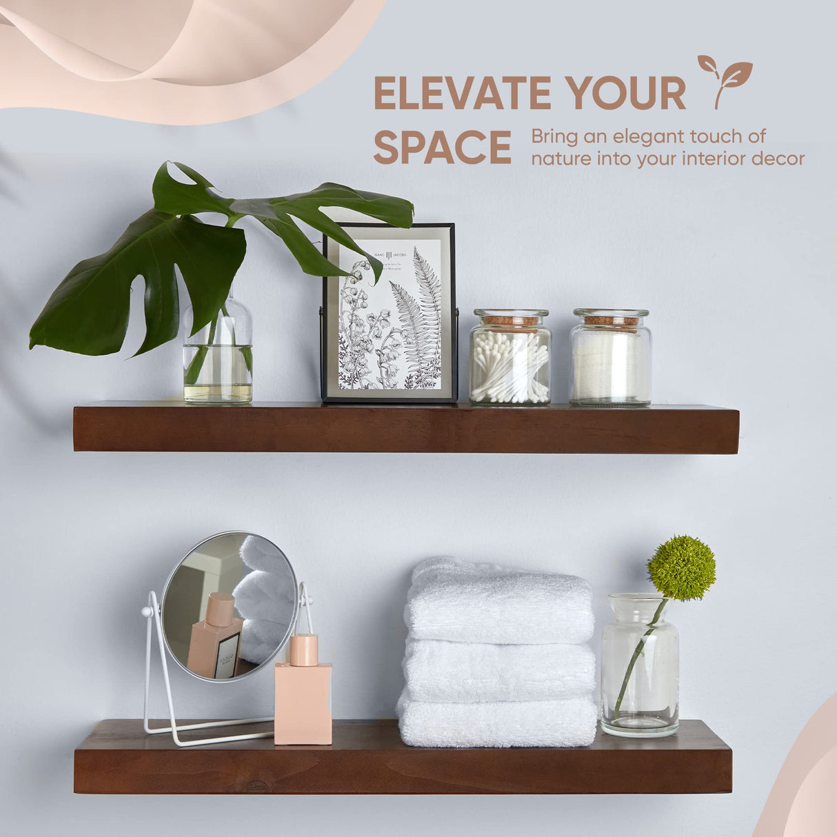 Homeforia Rustic Farmhouse Floating Shelves, Bathroom Wooden Shelves for Wall Mounted, Thick Industrial Kitchen Wood Shelf - 24 x 6.5 x 1.75 inch - Set of 2 - American Walnut Color Homeforia