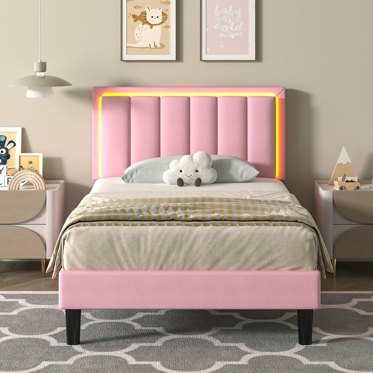 IMMERSTABLE Pink Twin Size Bed Frame with LED Headboard, Pink Upholstered Bed Frame with Double Leather Headboard, Heavy Duty Wood Slats Support, Noise-Free, No Box Spring Needed, Easy Assembly, Pink IMMERSTABLE