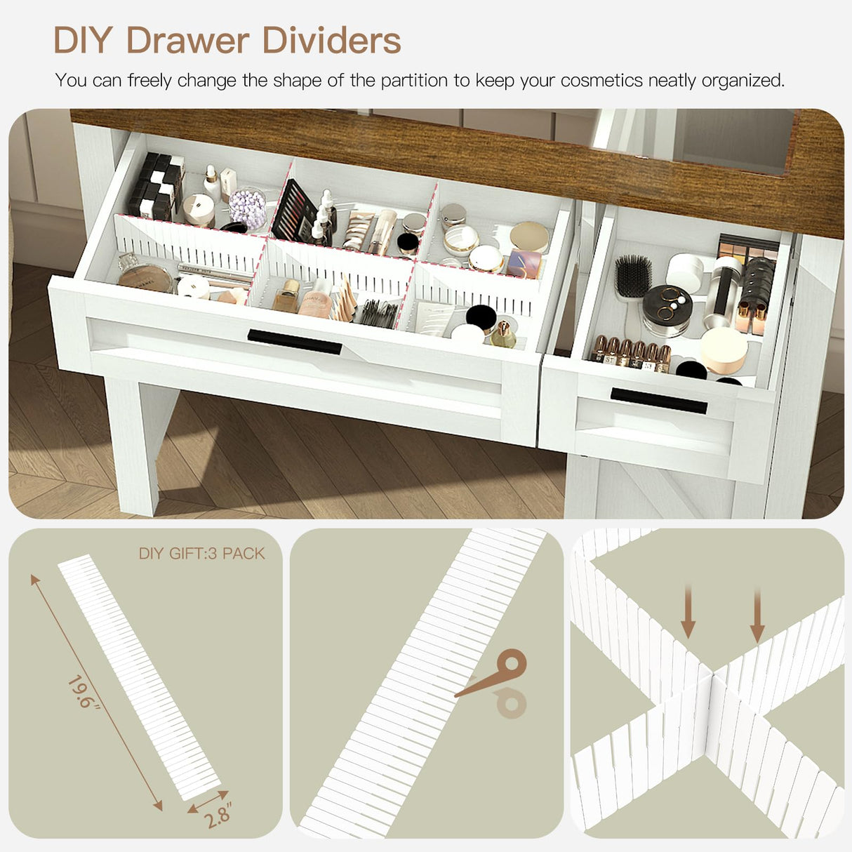 usikey Farmhouse Makeup Vanity Desk with Mirror and Lights, Glass Tabletop Makeup Vanity with Adjustable Shelves, Vanity Table Set with 2 Drawers and Side Cabinet for Bedroom, White usikey