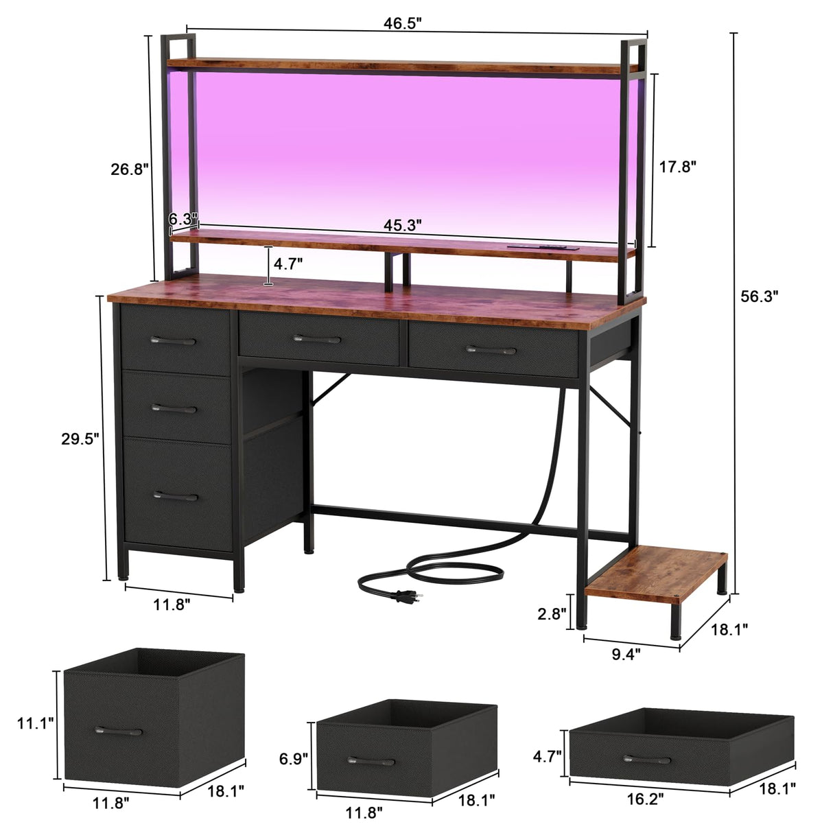Korfile Computer Gaming Desk with Hutch, Home Office Desk with Power Outlets, LED Light, 5 Storage Drawers, 2 Tiers Shelves for Display, 47 Inch Modern Study Writing Table for Bedroom, Rustic Brown Korfile
