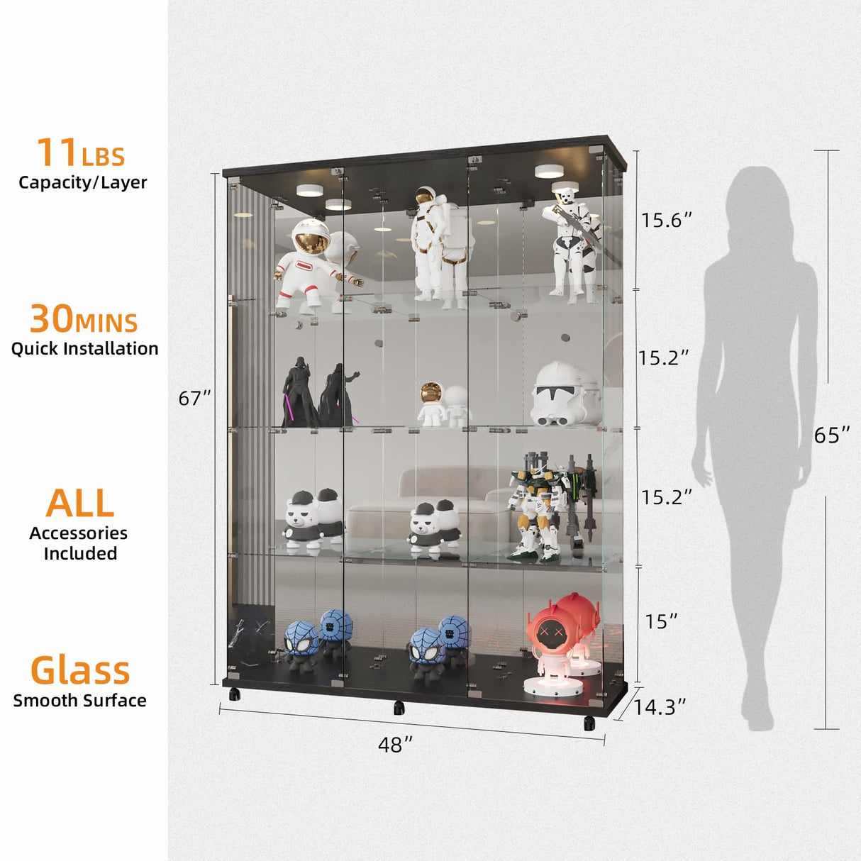 LFT HUIMEI2Y Glass Display Cabinet 12 Shelves with 3 Columns, LED Light, Mirror and Lock, Curio Cabinets Quick-Install Style Tempered Glass Floor Standing Bookshelf for Living Room, Kitchen Black LFT HUIMEI2Y