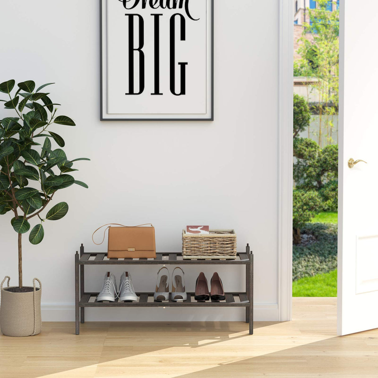 Dranixly Bamboo 2-Tier Shoe Rack Stackable Shoe Shelf Storage Organizer for Entryway, Hallway and Closet, 27.2"x11"x13.2" (Mocha) Dranixly