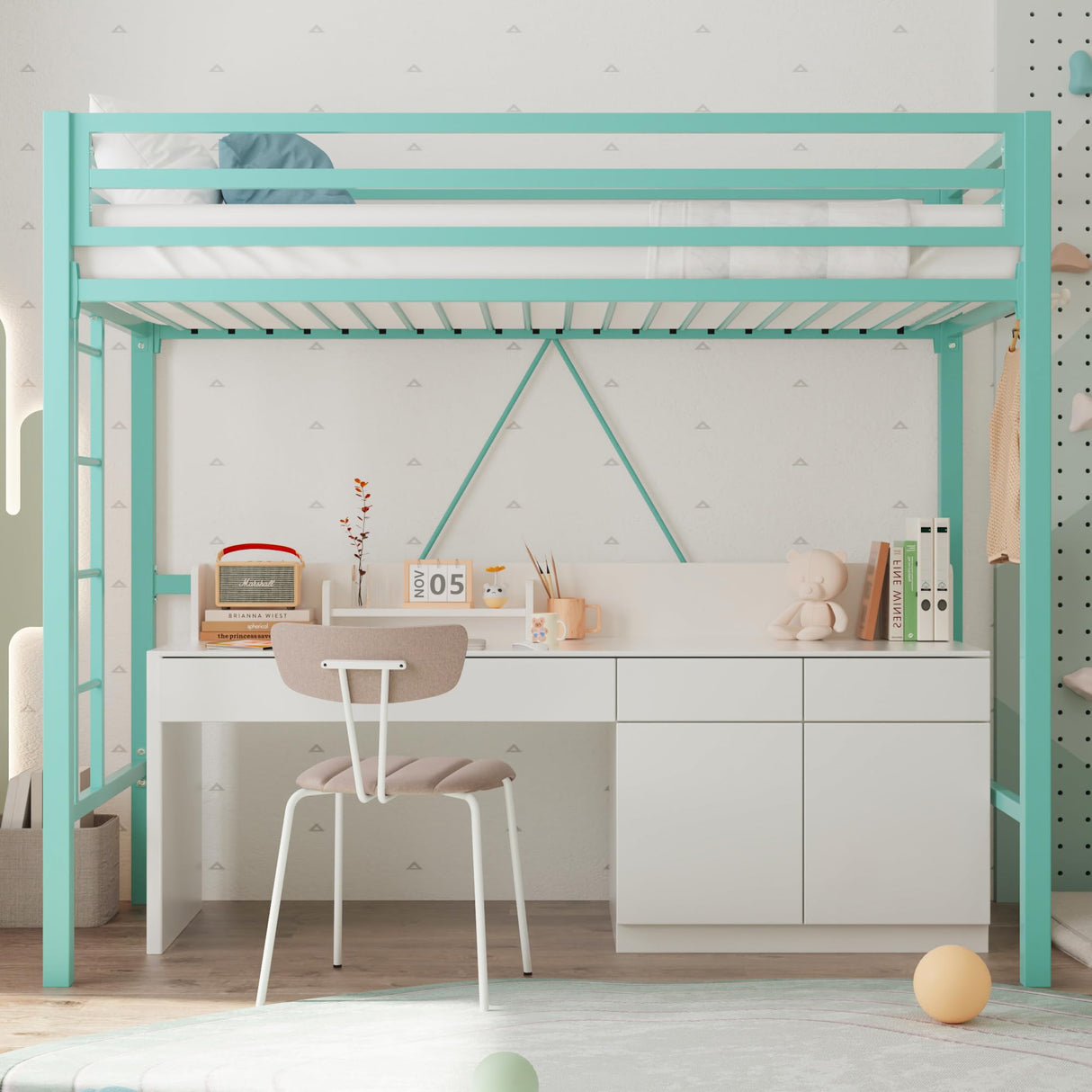 Allewie Metal Loft Bed Twin Size with Guardrail and Ladder, Small Space Saving Design for Bedroom Kid Room and Dorm, No Box Spring Needed, Green Allewie