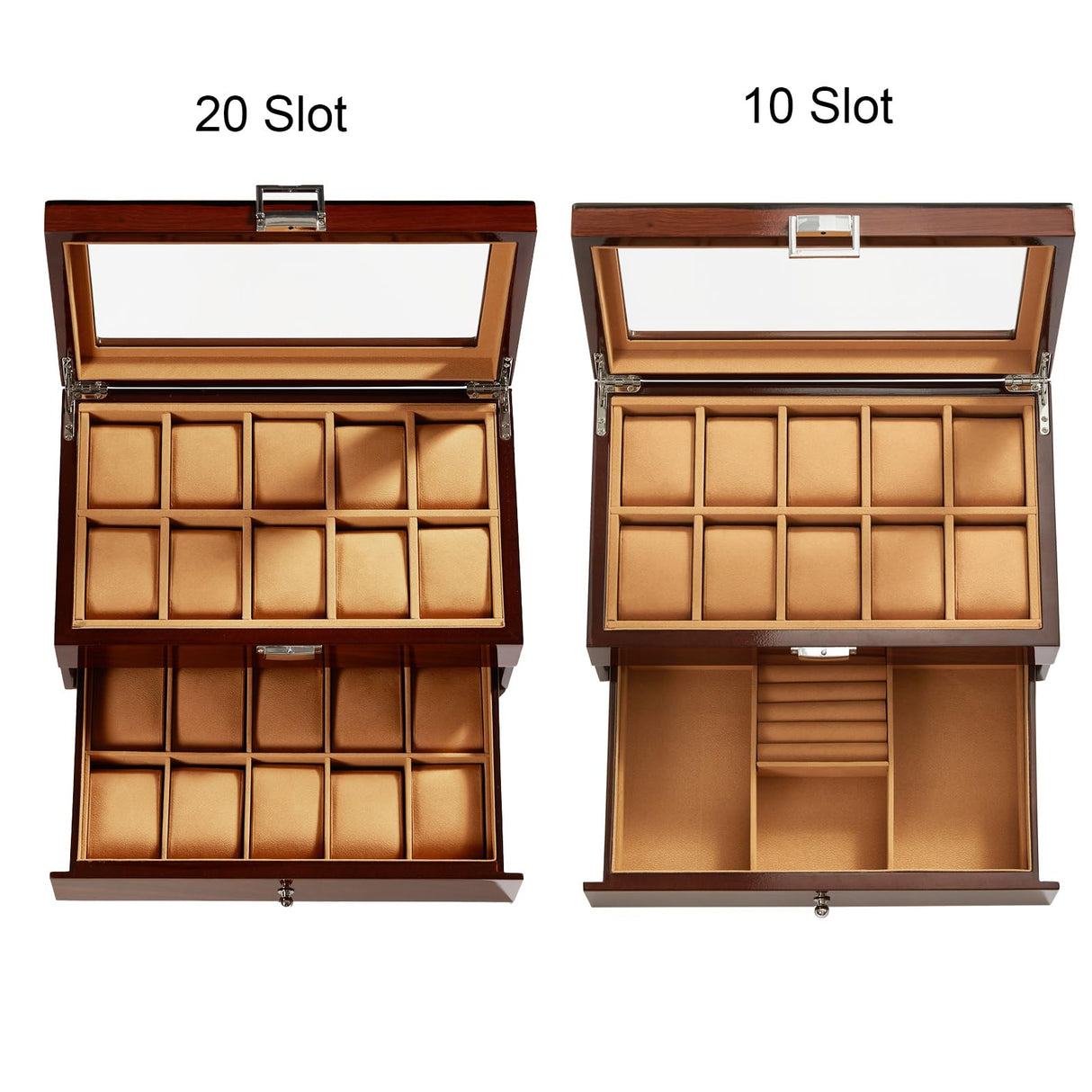Homruilink 10-Slot Wooden Watch Box, Wood Watch Case with Drawer, Watch Display Box with Glass Lid, 2-Layer Watch Holder for Jewelry and Watch Storage for Men Women Homruilink