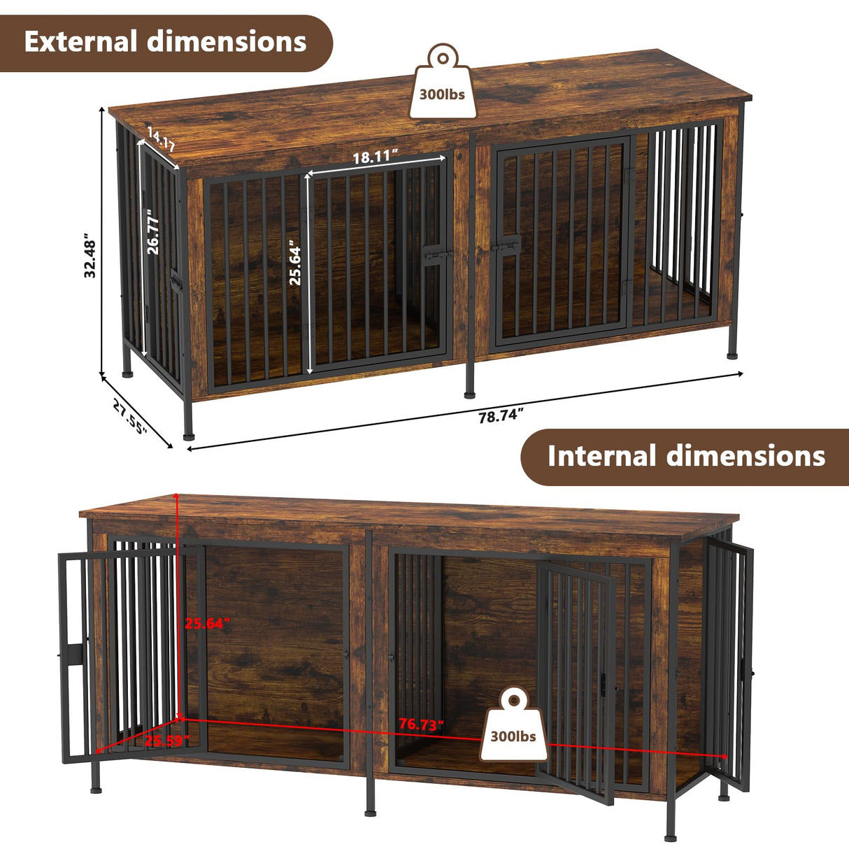 EasyCom 78 Inch Dog Cage Furniture for 2 Dogs, Extra Large Double Dog Crate Furniture Large Breed, XXL Thick Wooden Dog Crate Furniture TV Stand, Sturdy Dog Kennel Furniture Dog Crate with Divider EasyCom