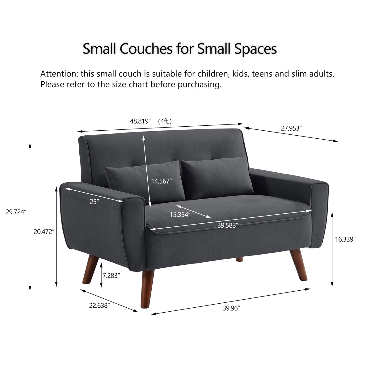 Enobala 49" Small Loveseat Sofa, 2 Seat Mid Century Love Seat Couch with Throw Pillows for Living Room, Apartment, Bedroom and Small Spaces Enobala