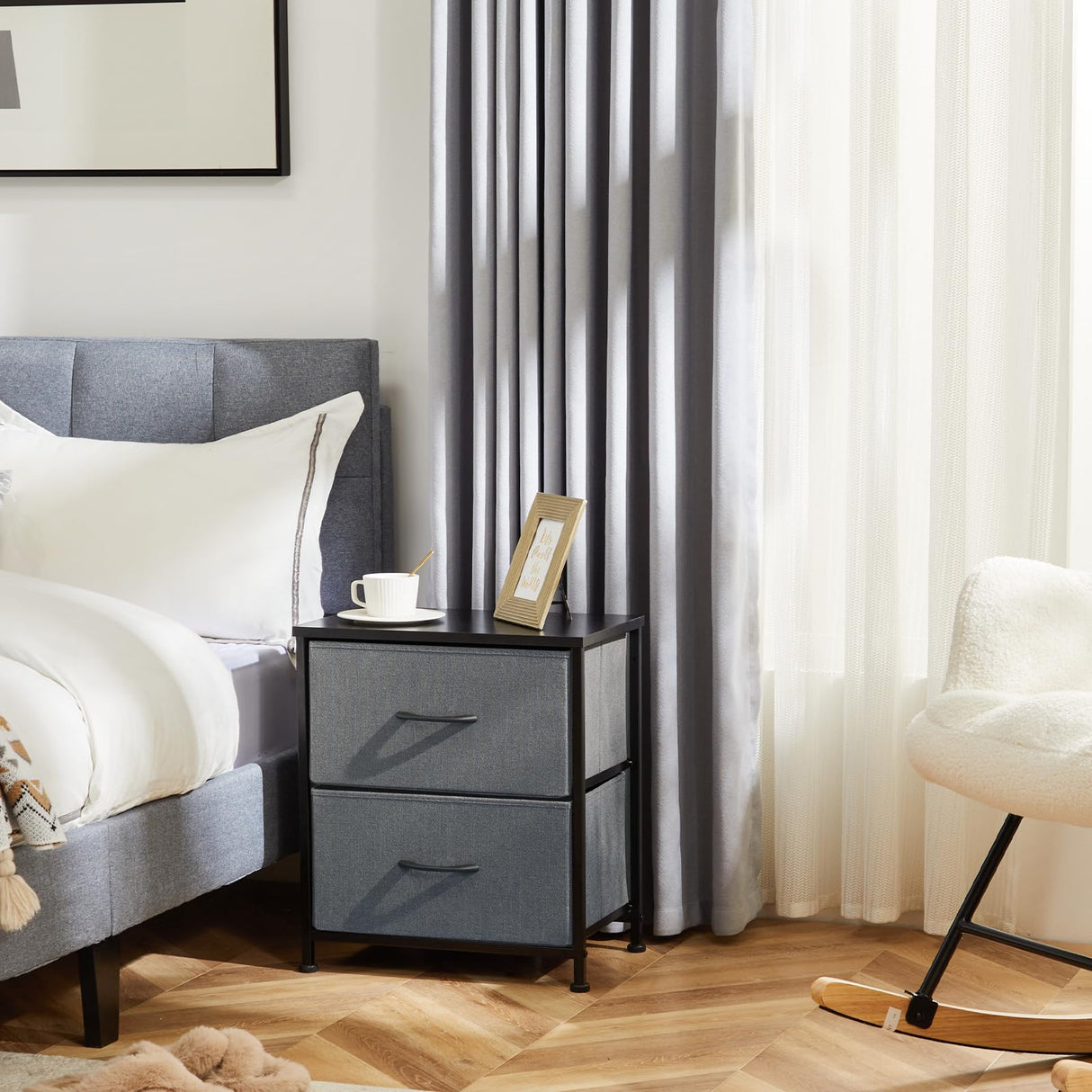 DUMOS Nightstand Set of 2, Small Dresser with 2 Fabric Drawers Side Bedroom End Table Kids Bedside Storage Furniture for 25 inch Tall Night Stand for Closet, Entryway, College Dorm, Grey, M-2 Pack DUMOS