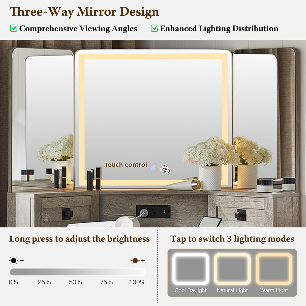 T4TREAM Corner Vanity Desk with Mirror and Lights, Makeup Desk with 3 Way Mirror and Lights, Farmhouse Vanity Table with Charging Station & Glass Top, 48" Vanity Desk with 3 Drawers(Light Rustic Oak) T4TREAM