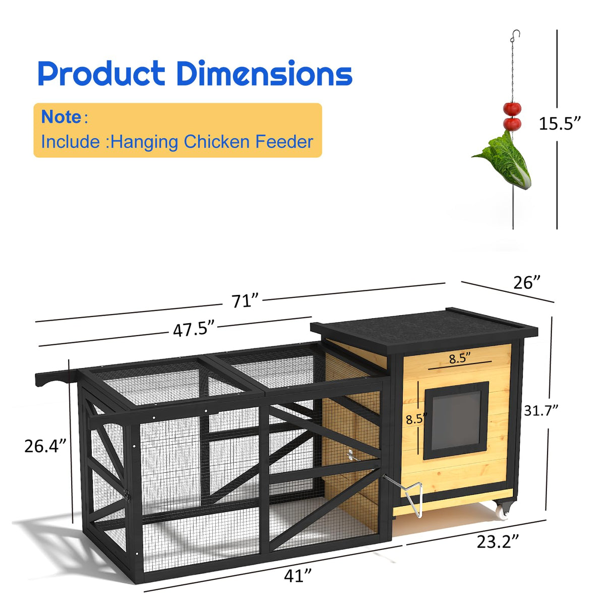 TIMHAKA 71'' Chicken Coop with Wheels, Outside Chicken House for 2-3 Chickens, Outdoor Wooden Mobile Duck Coops with Run & Waterproof Asphalt Roof, Removable Tray for Backyard Poultry Pet Hutch TIMHAKA