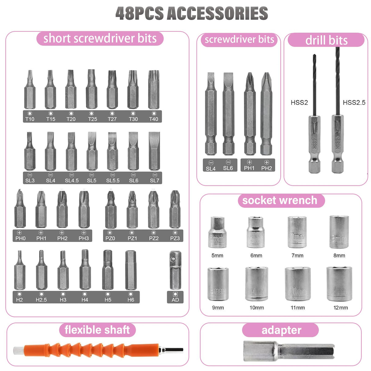 Electric Screwdriver Pink Power Drill Set for Women, 47-In-1 Screwdriver and Drill Set Rechargeable, Multifunctional Cordless 4V Electric Automatic Screwdriver Drill with Battery and Charger Home DIY Tsisixia