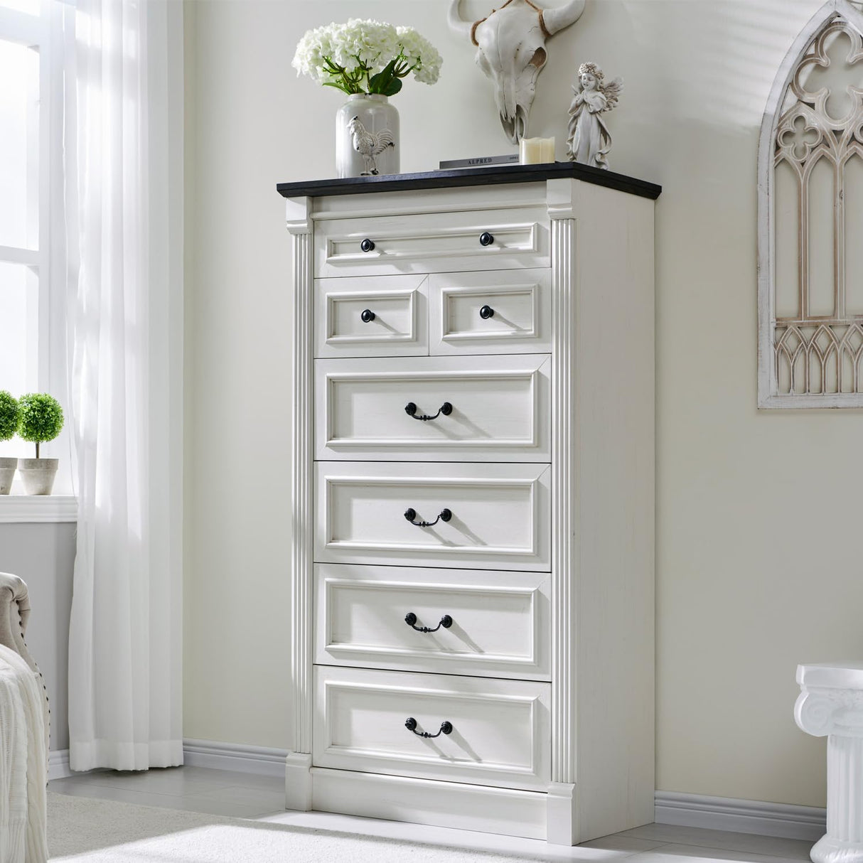 Aitjunz Farmhouse 7 Drawers Dresser for Bedroom, 57" Tall Chest of Drawers with Roman Column, Large Wood Rustic Closet Dresser with Three Different Drawer Sizes for Bedroom, Living Room, Hallway,White Aitjunz