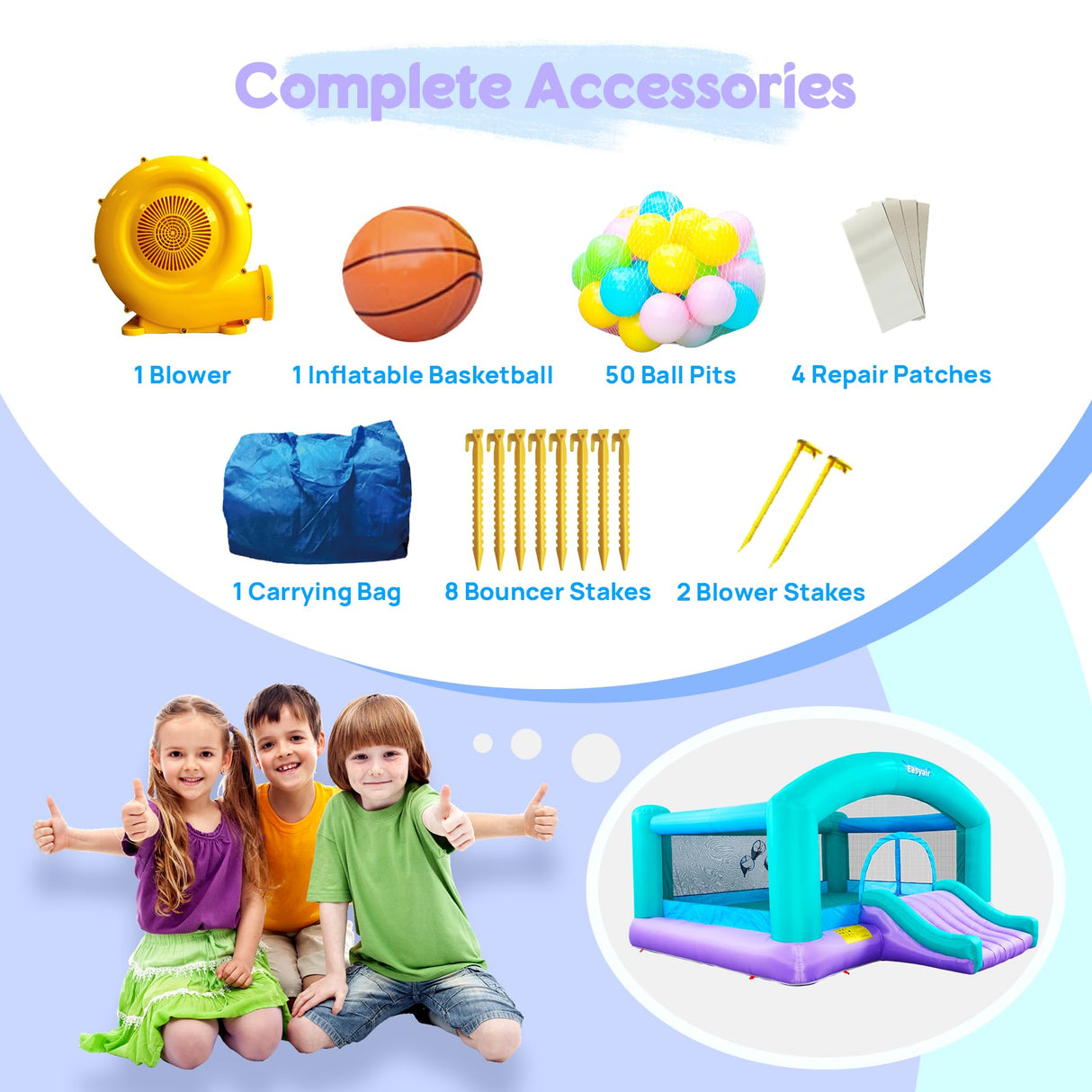 Easyair Large Bounce House for Big Kids, 14.8 x 14.5 FT Inflatable Bouncer Jumper Slide with 650W Blower, Basketball Hoop, Throw Ball Game, Ball Pits (Green, 177" L x 174" W x 94" H) Easyair