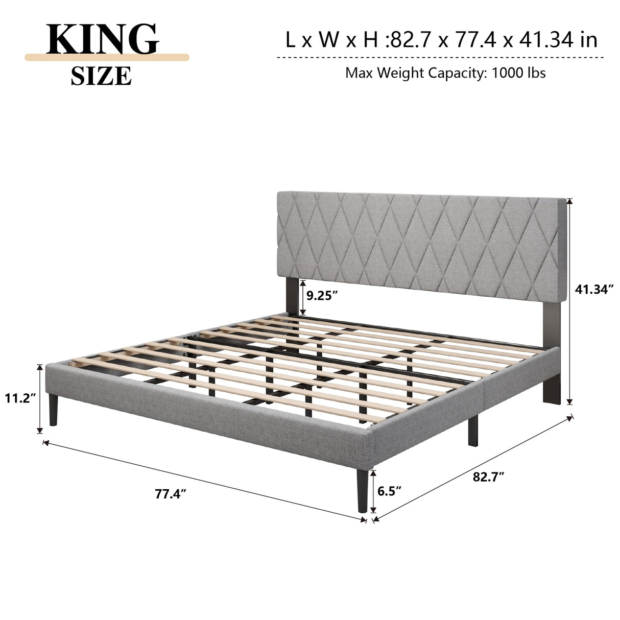 CXVX King Size Bed Frame with Diamond Tufted Headboard, Linen Upholstered Platform Bed and Wooden Slat Support, Noise-Free, No Box Spring Needed, Easy Assembly, Light Grey CXVX