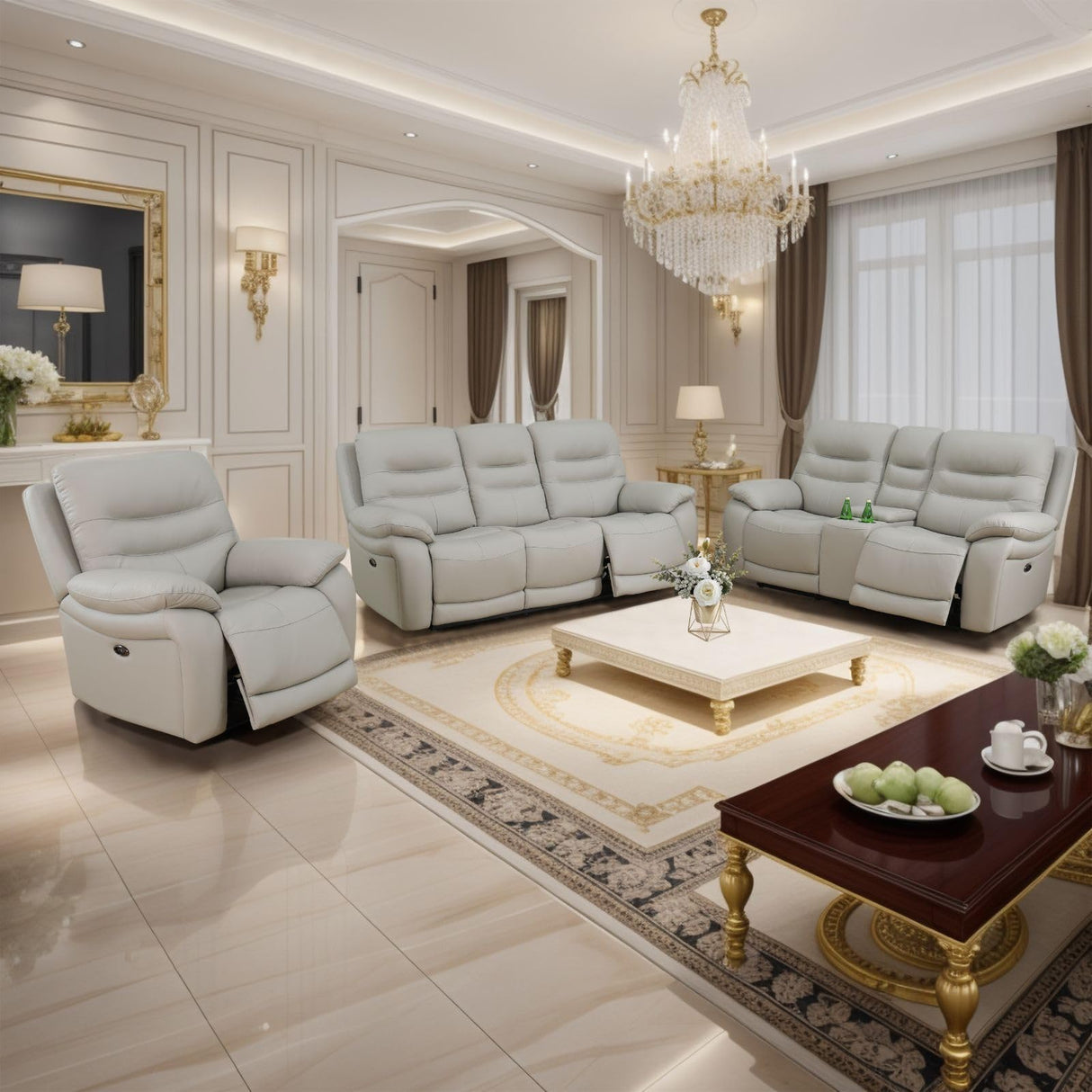 GEBADOL Power Recliner Sofa Set, Genuine Leather Reclining Couch Set, 3 Pieces Top Grain Leather Sofa with Built in Storage Console/USB Port/Cup Holders for Living Room (Light Grey) GEBADOL