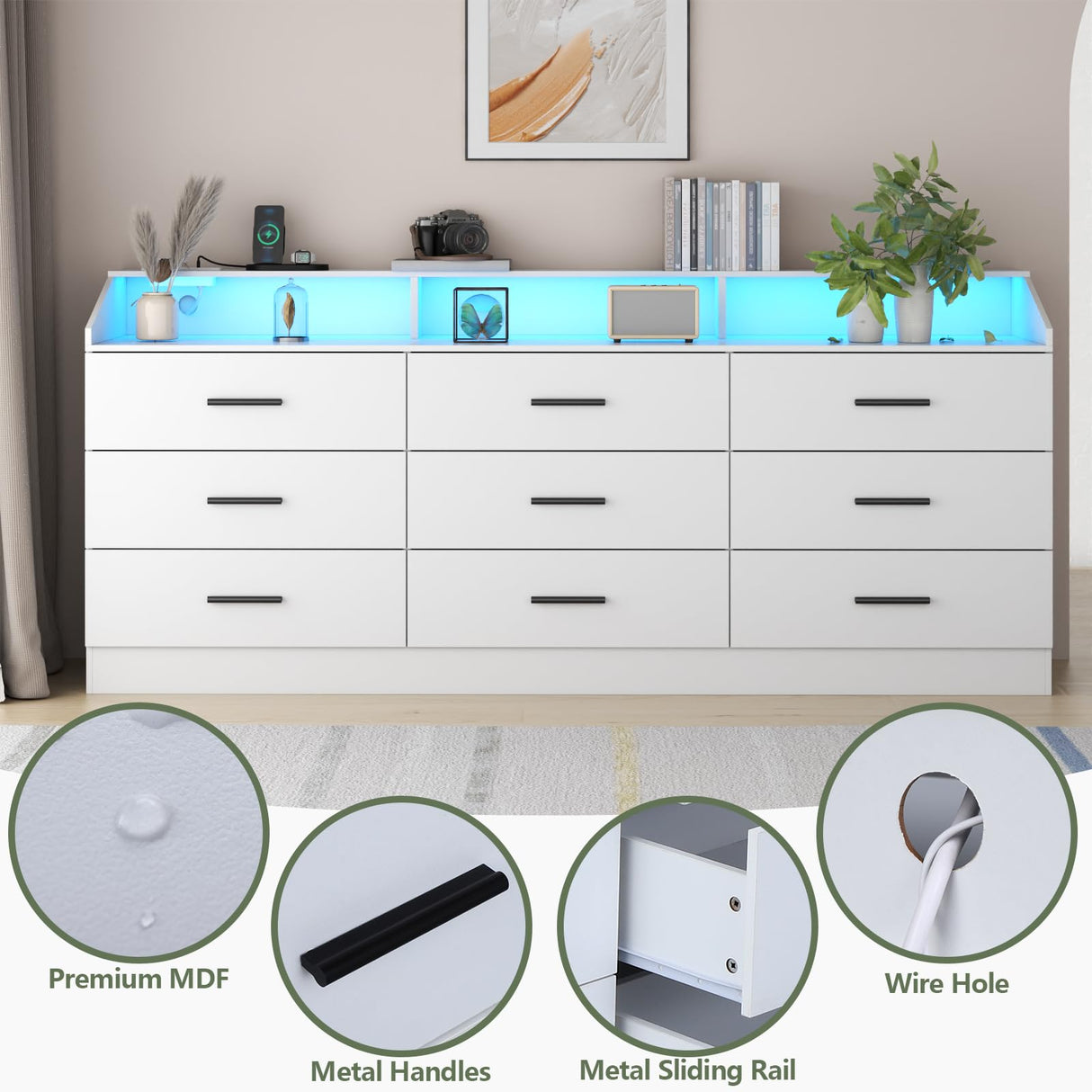 Gyfimoie 9 Drawers Dresser for Bedroom with Power Outlet, Chest of Drawers with LED Light, Modern Dressers with Open Storage Cubby, Triple Wide Dressers Organizer for Living Room (White) Gyfimoie