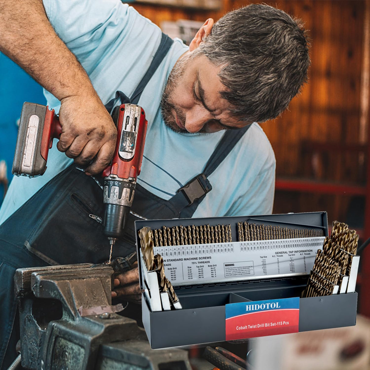 HIDOTOL 115PCS Cobalt Drill Bit Set M35 HSS for Hardened Steel Fractional 1/16"-1/2", Letter A - Z, Wire #1 - #60 with Indexed Metal Case HIDOTOL