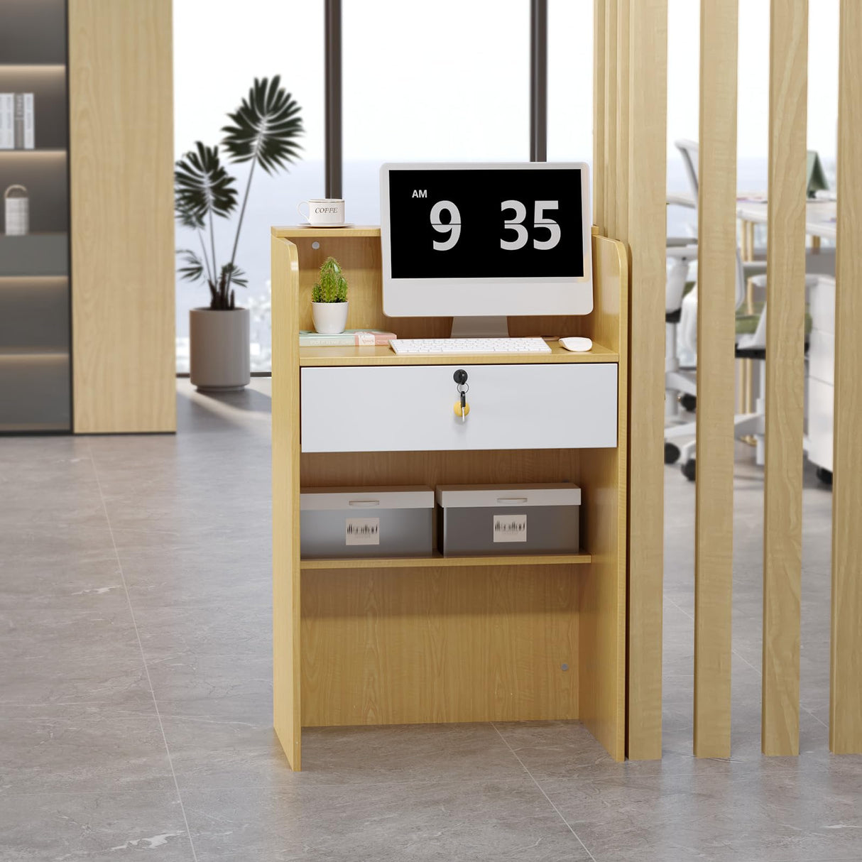 OmySalon Reception Desk with Counter, Small Front Desk w/Lockable Drawer, Wooden Modern Reception Table for Salon Lobby Office Home (Original Wood, 24) OmySalon