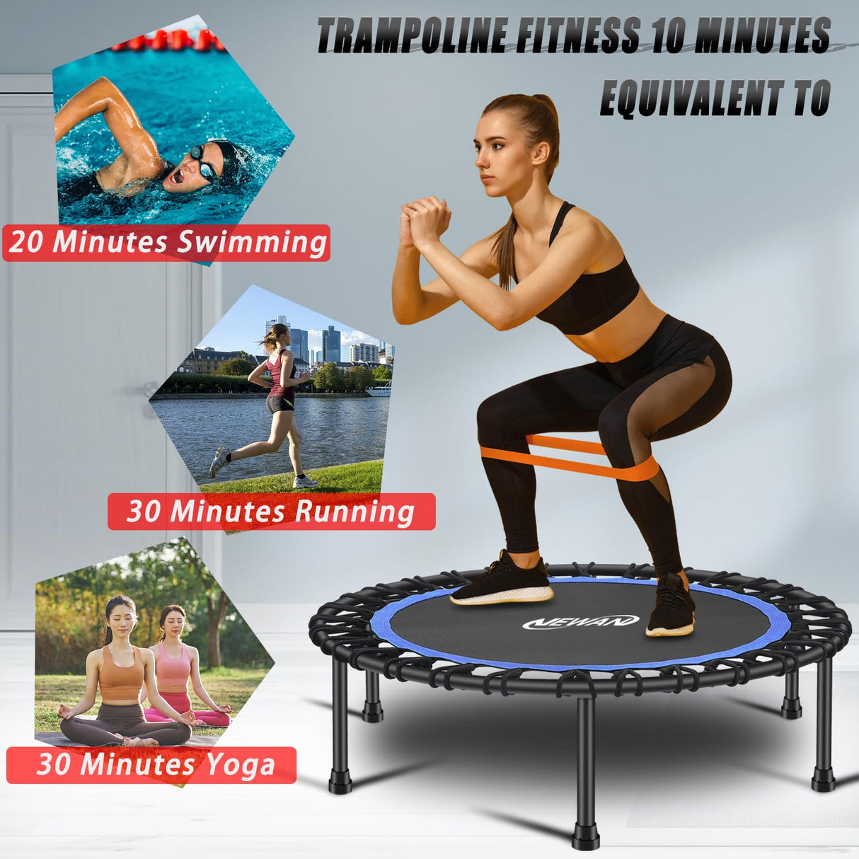 Newan 40'' Silent Fitness Mini Trampoline - Indoor Rebounder for Adults - Best Urban Cardio Jump Fitness Workout Trainer, Covered Bungee Rope System - Max Limit 330 lbs NEWAN