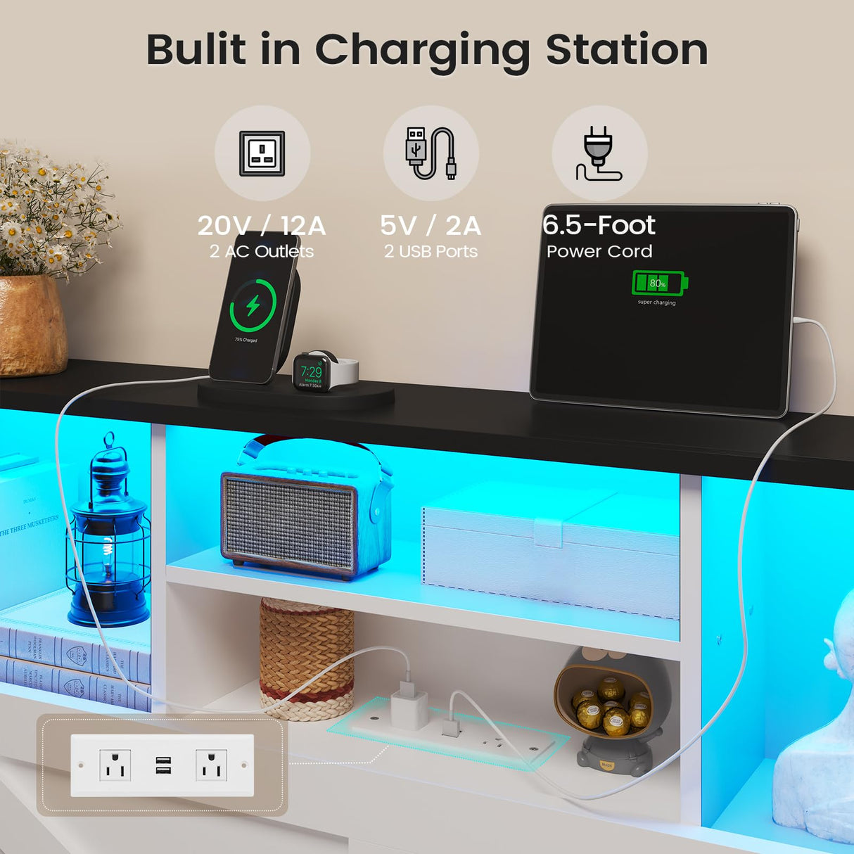 AOGLLATI Farmhouse Twin Bed Frame with 4 Storage Drawers and Charging Station,Wooden Led Twin Bed with Storage Hidden Space Headboard and Metal Slats,No Spring Box Needed,White AOGLLATI