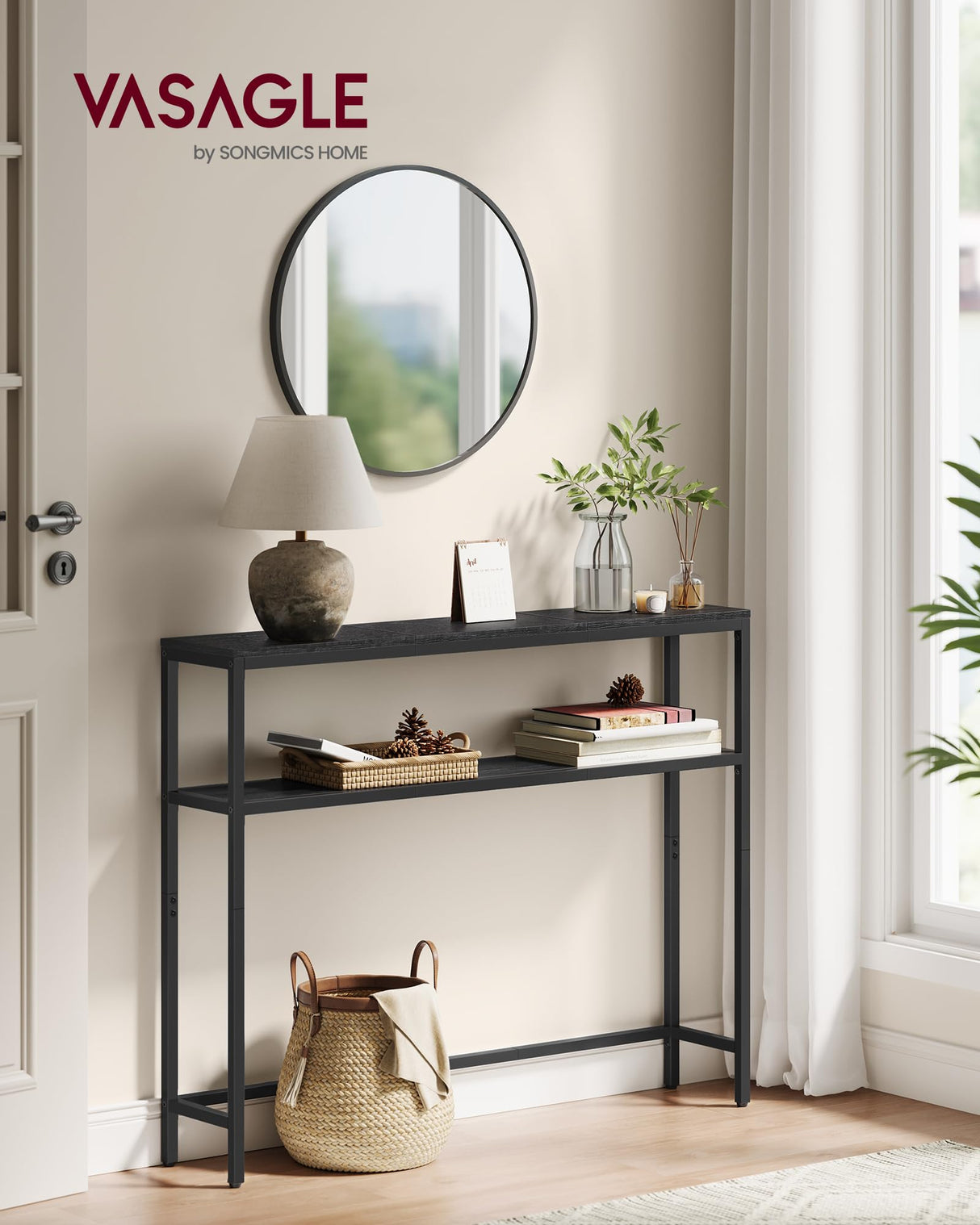 VASAGLE Console Table, 2-Tier Sofa Table, 7.9 x 39.4 x 31.5 Inches, Narrow Entryway Table, Modern Entry Table with 2 Shelves, for Living Room, Bedroom, Charcoal Gray and Ink Black ULNT131B22 VASAGLE