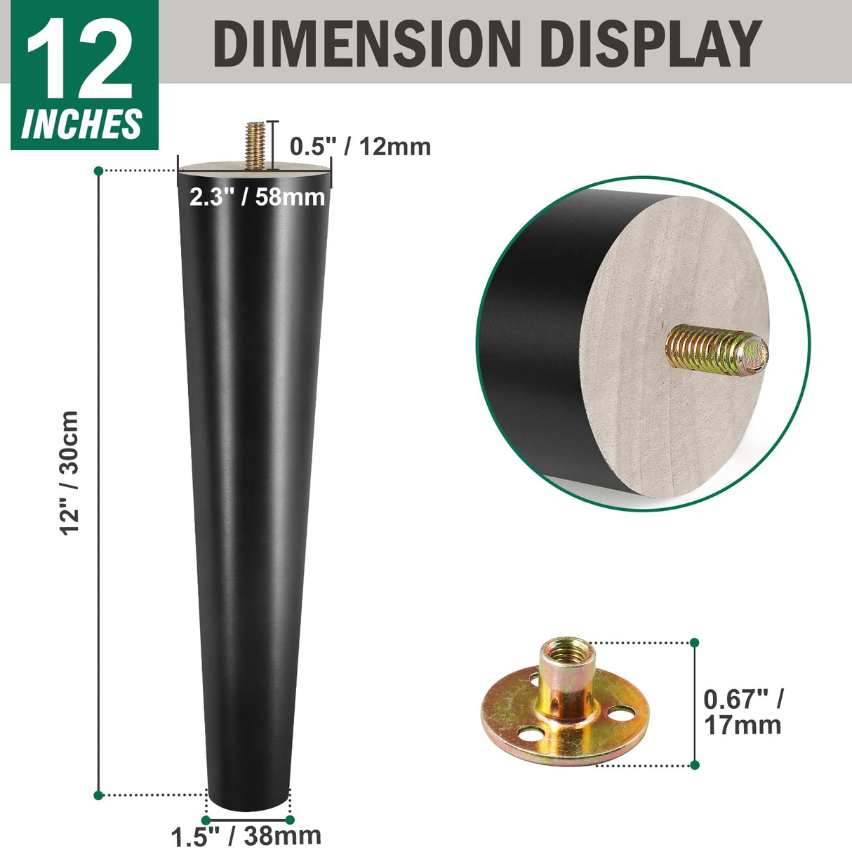 FoDau770 Black Rubber Wood Furniture Legs 12 Inch, Straight Tapered Wood Legs Mid Century Sofa Legs Set of 4, 5/16" UNC Furniture Feet Replacement Legs for Cabinet Sofa Couch Dresser Chair Ottoman FoDau770