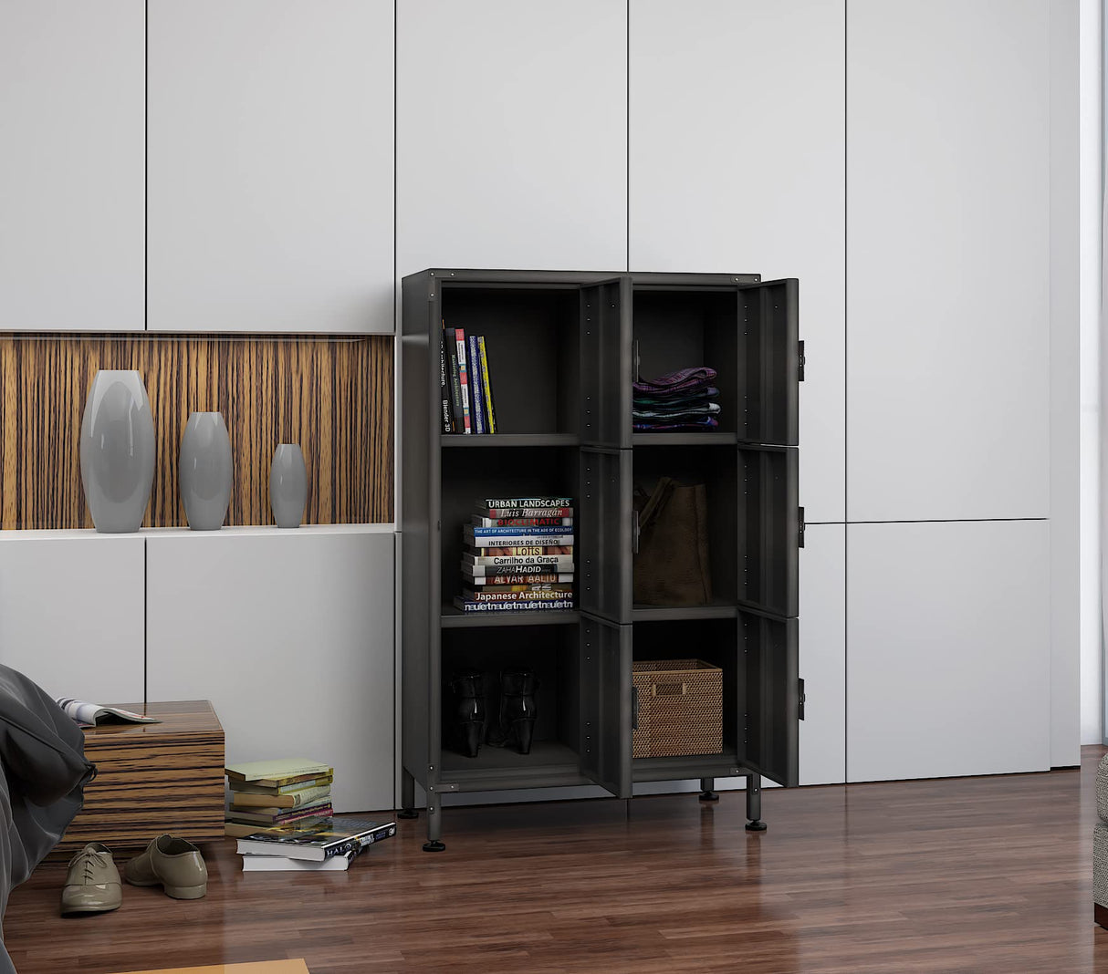 BYNSOE Metal Locker Storage Cabinet, 47.3” Employees Locker Industrial Steel Storage Cabinet with Shelves and 6 Lockable Doors for Home, School, Gym BYNSOE