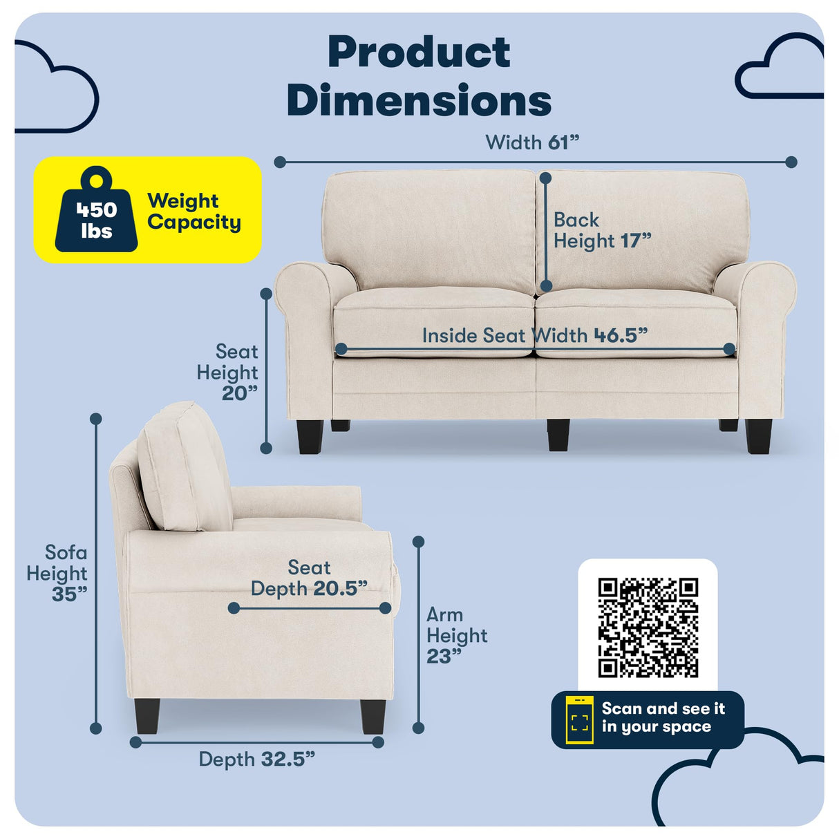Serta Copenhagen 61" Rolled Arm Sofa, Easy Care Polyester, Soft Pillow Back, Pocket Coil Seat Cushions, Removable Covers, Loveseat or Couch for Small Spaces, Living Rooms or Bedrooms, Cream White Serta