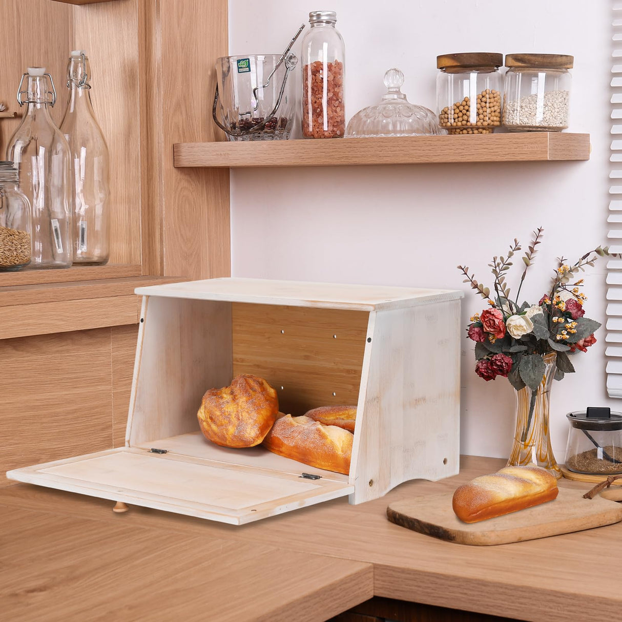 HOMEKOKO Vintage Large Wood Bread Box for Kitchen Counter, Retro Design Single Layer Bamboo Large Capacity Food Storage Bin (White) HOMEKOKO