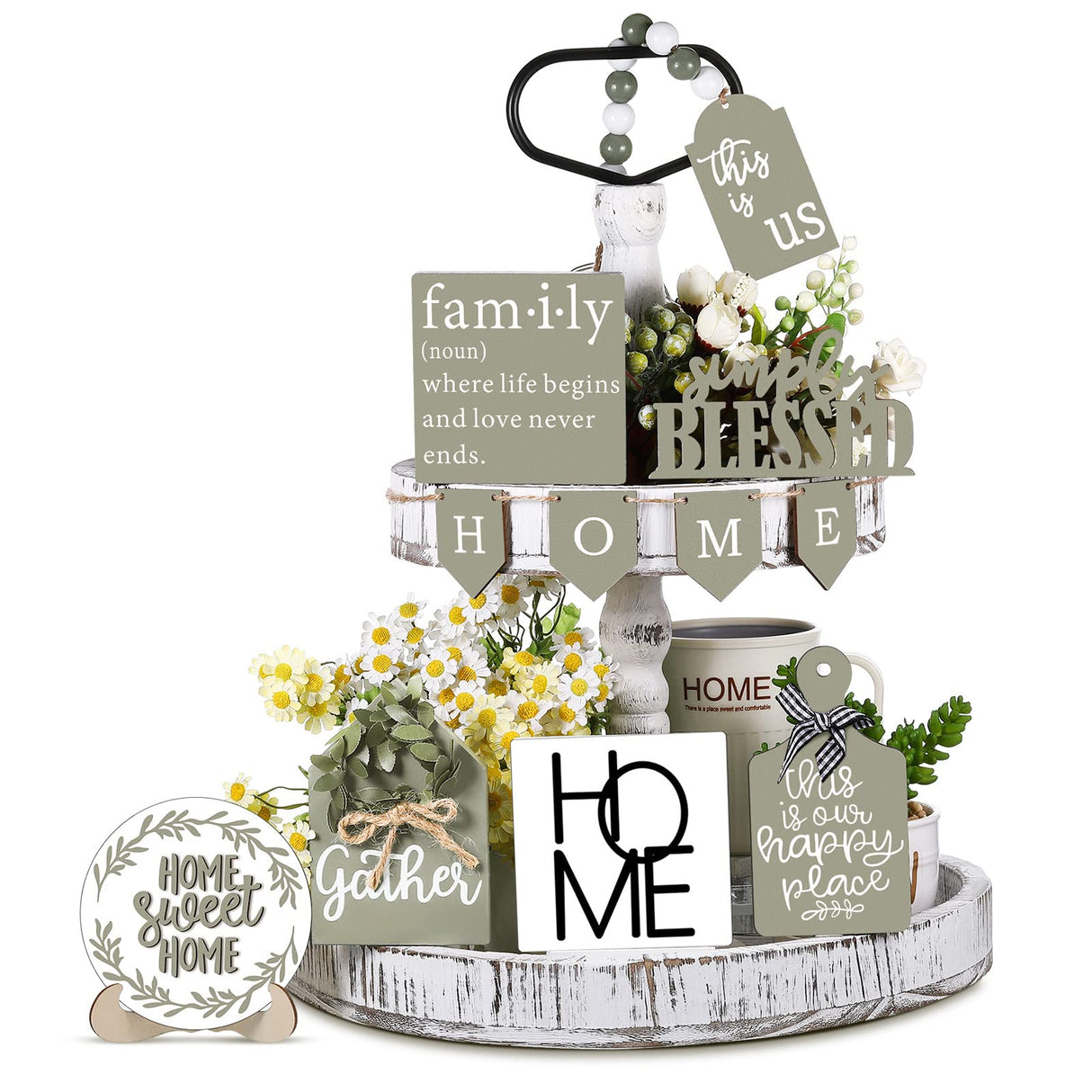 Two Tiered Tray with 11 Pcs Wooden Signs, Farmhouse Tiered Tray Decor Set Rustic Wood Home Kitchen Table Stand Decor Decorative Table Shelf Centerpiece(Stylish Style) Patelai