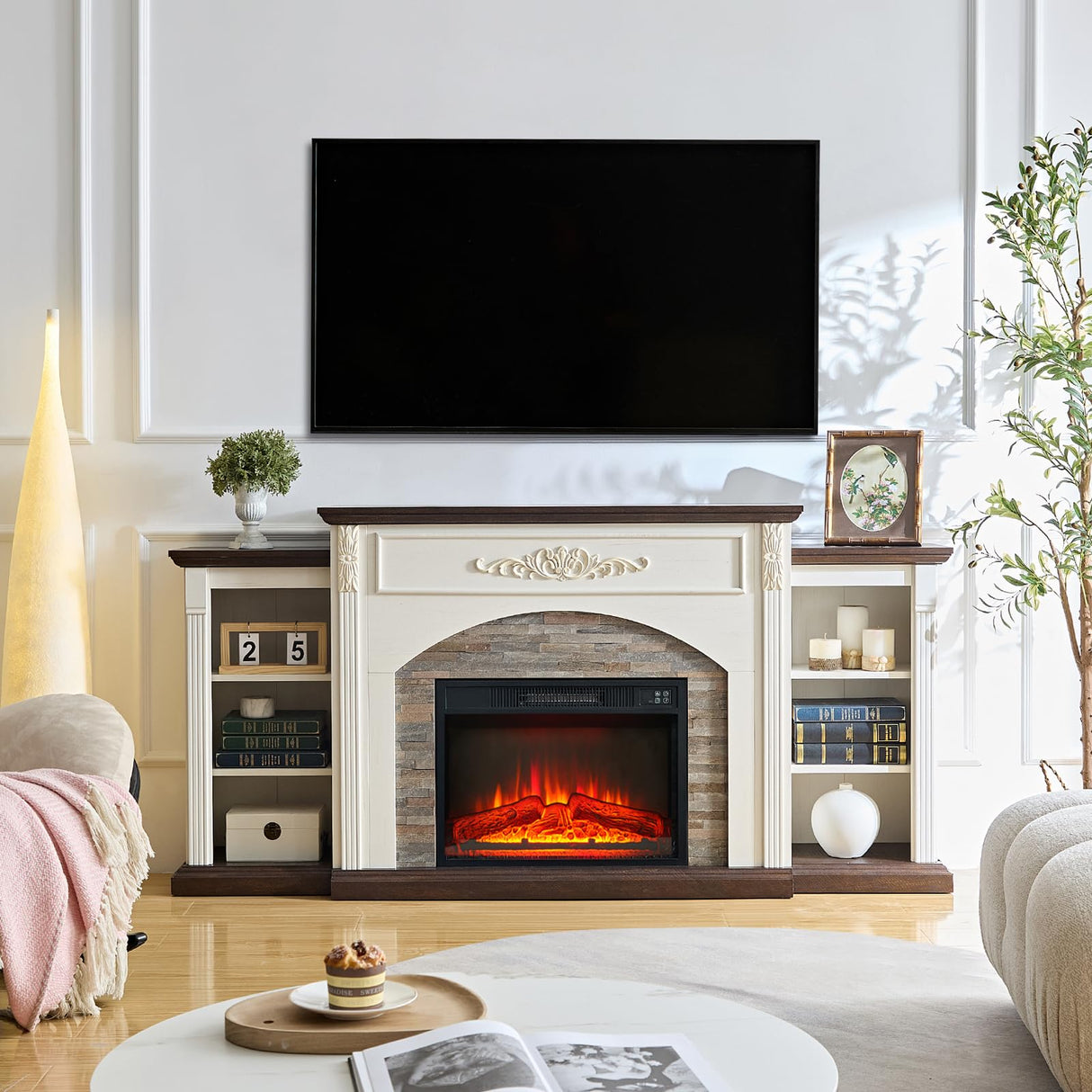 72" Electric Fireplace with Mantel, White TV Stand for TVs Up to 80 Inch, Farmhouse Entertainment Center with Storage for Bedroom,23'' Fireplace Insert Heater for Living Room BOSHIRO