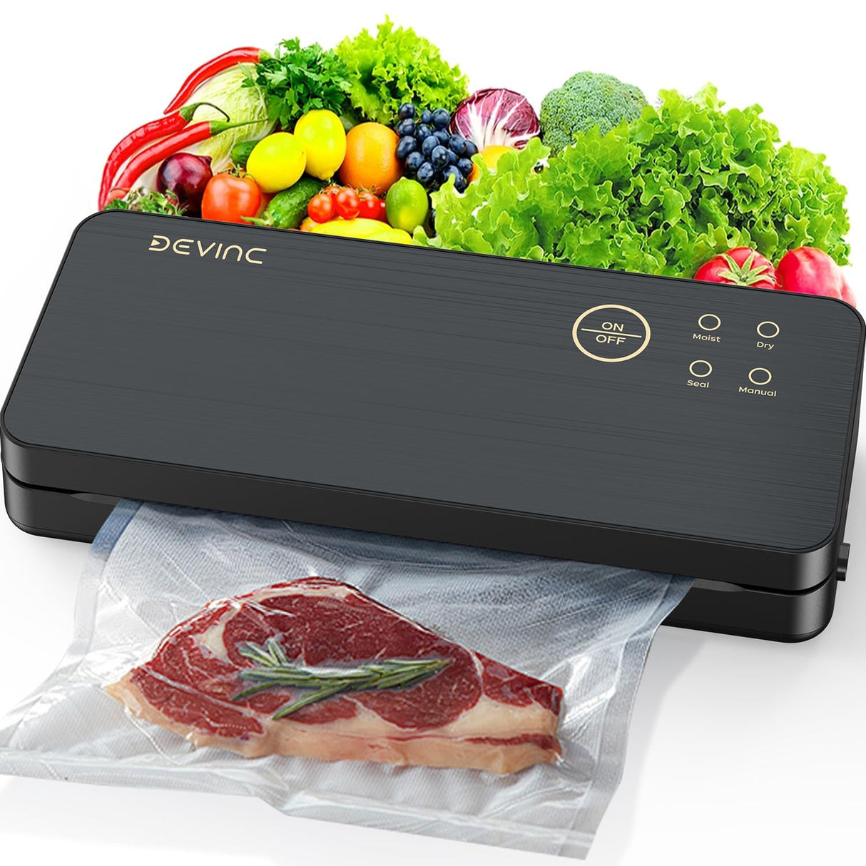 DEVINC Vacuum Sealer Machine, Compact Food Sealer with 10 Vaccum Bags & 1 Bag Roll, Multi-functional Food Vacuum Sealer for Food Storage, Dry & Moist Food Modes with Built-in Cutter, Black DEVINC