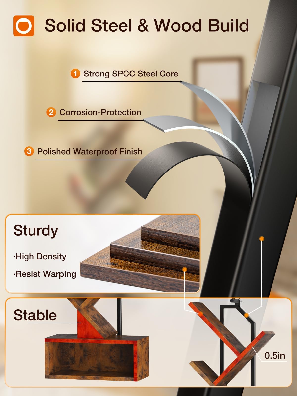 addlon 6-Tier Tree Book Shelf with LED Light, Steel&Wood Bookshelf with Storage Cabinet, Narrow Tall Bookcase with 3CCT Bulb, Small Bookshelf for Bedroom, Home Office&Living Room-Rustic Brown addlon