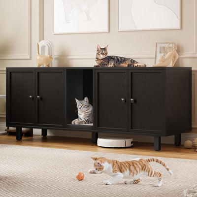 ONBRILL 59 Inches Cat Litter Box Enclosure for 2 Cats, Hidden Litter Boxes Furniture with Cat Scratch Pad, Large Indoor Pet House with Double Room, Wooden TV Stand Side Table, Black