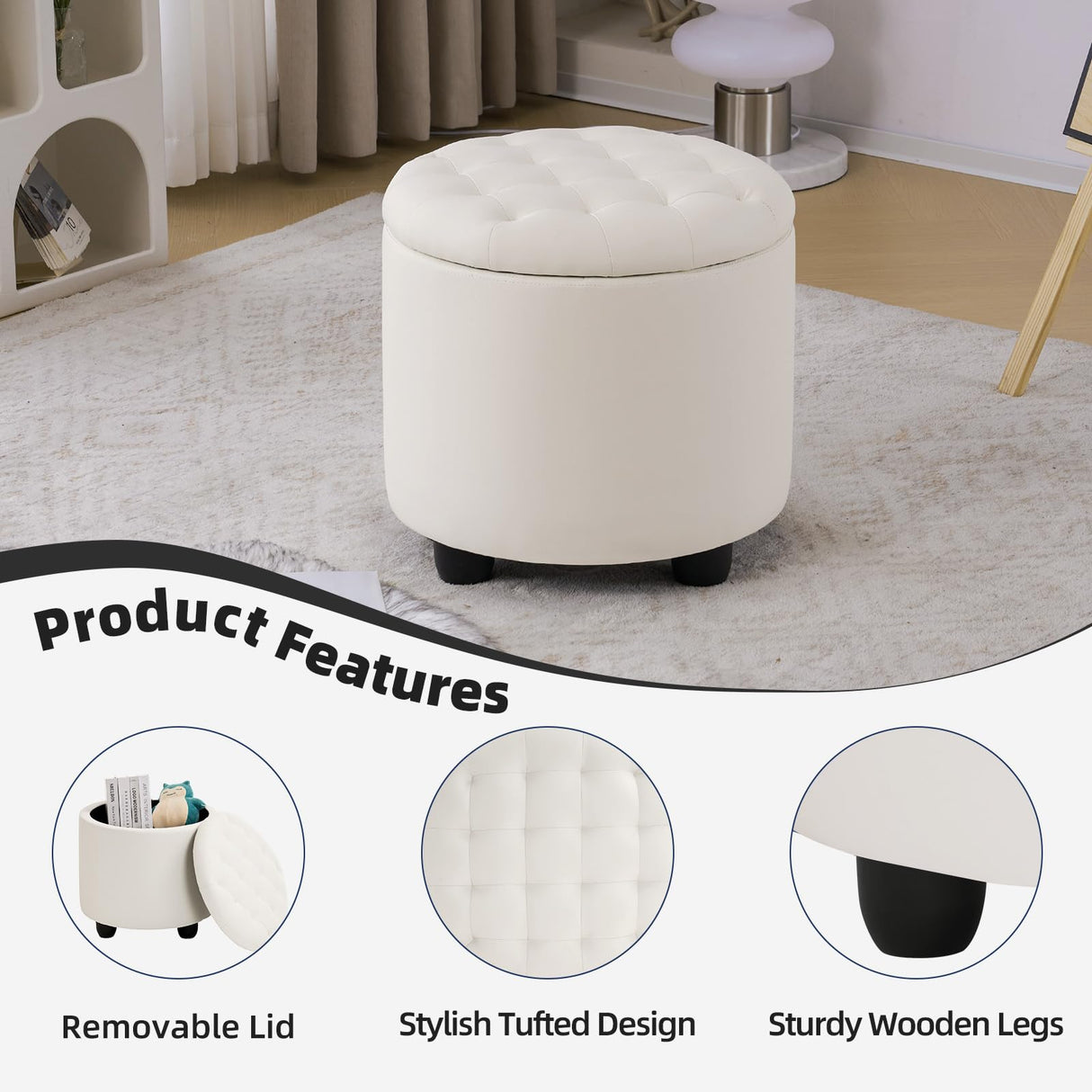 Furniliving Upholstered Button Tufted Round Ottoman, PU Storage Ottoman Round, Removable Lid Convenient Footstools, Classic Ottoman with Storage for Vanity, Nursery Room,IvoryWhite Furniliving