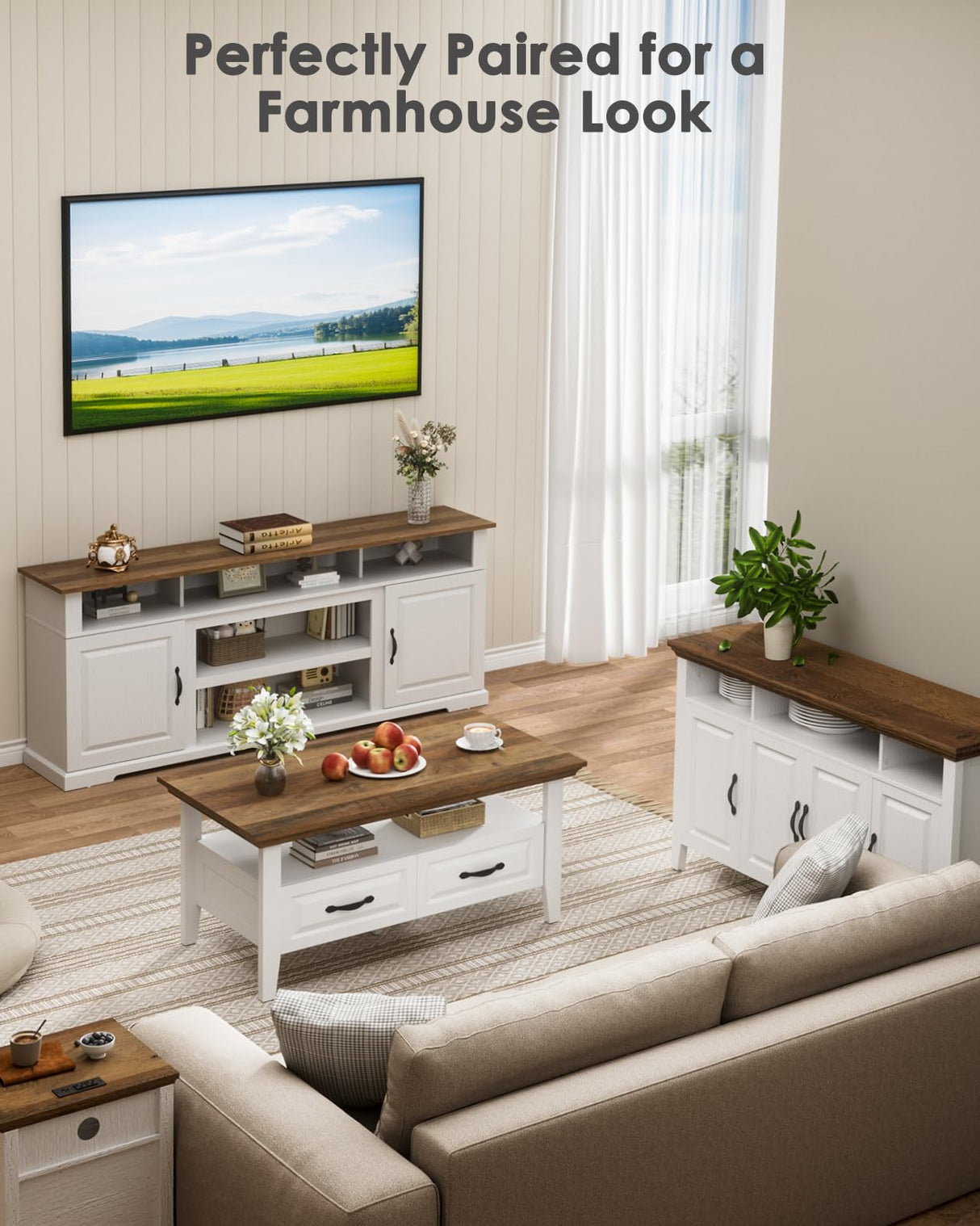 Amada Coffee Table for Living Room, 39.4" Small Coffee Table with Storage, Open Display Shelf and Hidden Drawers, Farmhouse Wood Center Table Ideal for Home Office, White and Oak AMADA HOMEFURNISHING