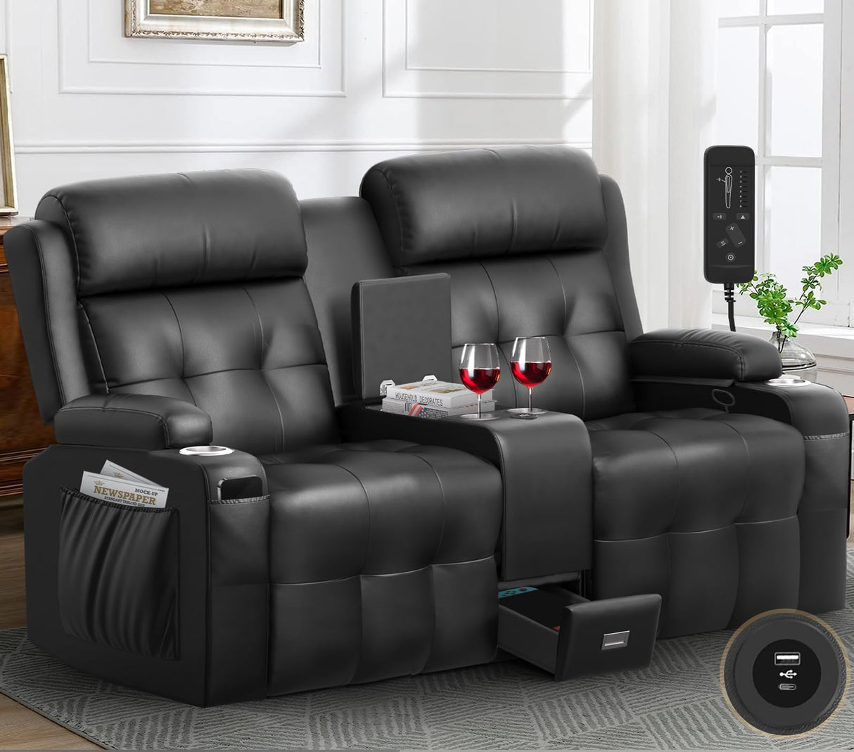 Reclining Loveseat, Massage Loveseat Recliner Sofa Heavy Weight Capacity, RV Love Seat Chair Clearance with Console, USB, Type C Port, Storage, Cup Holders, Wall Hugger Couch (Black, Loveseat) Aotolo