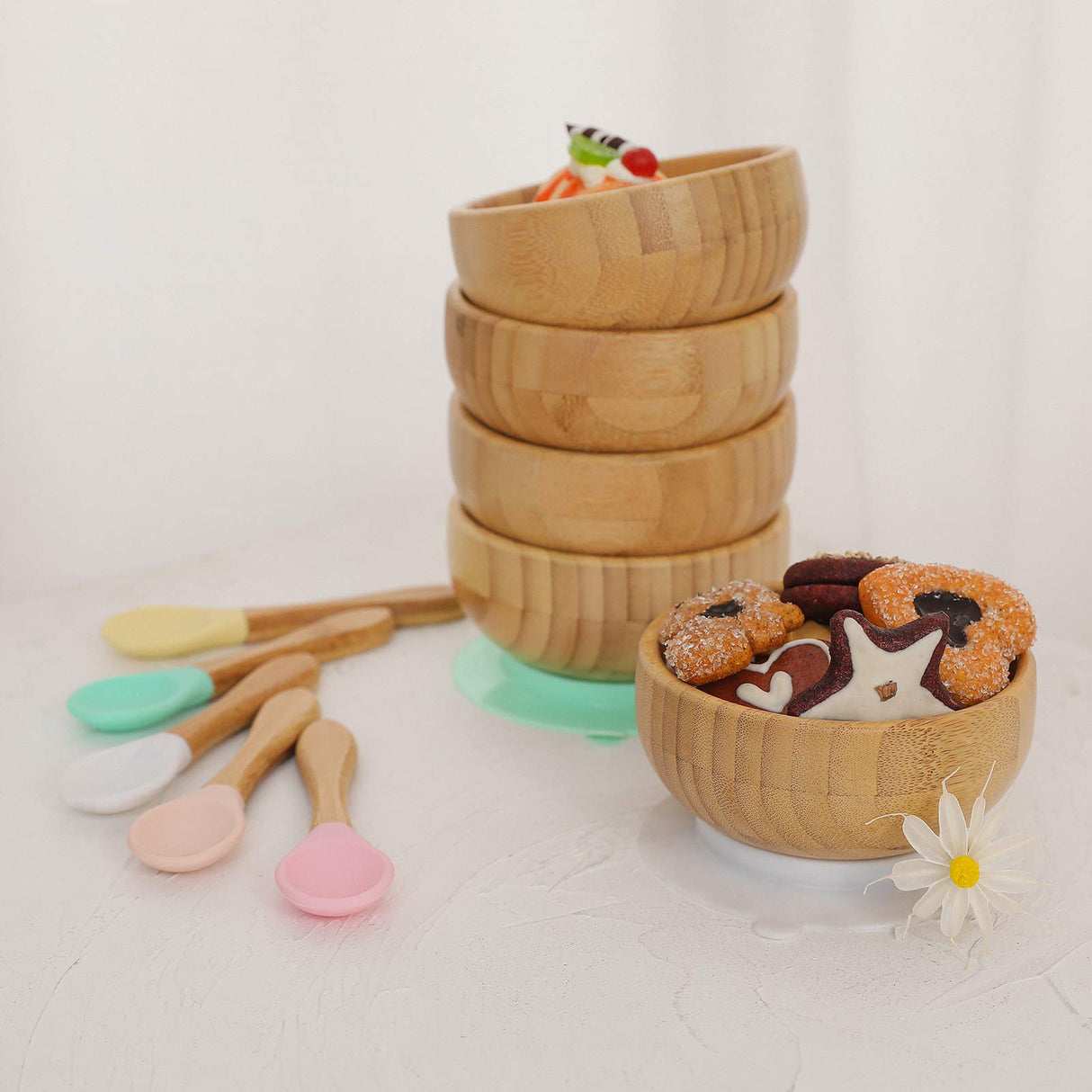 Baby Bowls and Spoons, Baby Bamboo Bowl and Spoon | Silicone Suction | Bamboo Baby Bowls for Baby | Baby Bowls First Stage | Baby Wood Bowls (Pink) HI BABY MONMENT