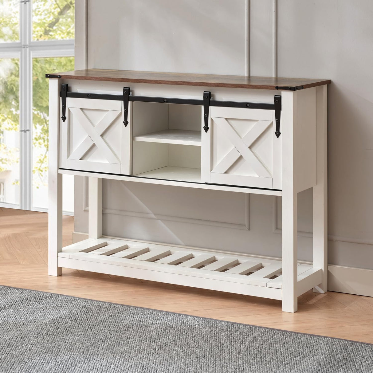 Puntogen Entryway Table with Sliding Barn Doors, 43" Farmhouse Console Table with Storage Shelf, Behind Couch Sofa for Hallway, Entryway, Foyer, White Puntogen