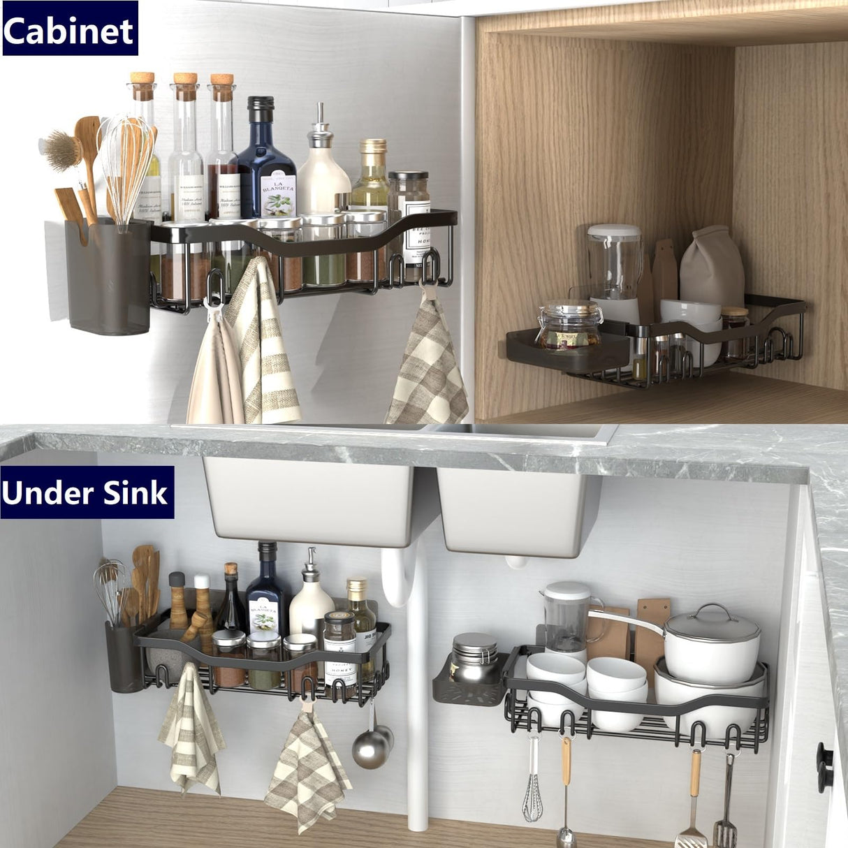 NESOMI Shower Caddy Adhesive Shower Organizer Rustproof Stainless Steel Bathroom Shelves, Large Capacity No-Drill Rack Storage Accessories with Soap Dish Toothbrush Holder & 16 Hooks Home Decor Black NESOMI