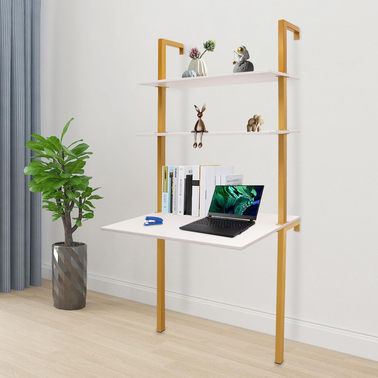 QIUTMER Wall Mount Desk 3 Tiers Wall Table Wall Mount Computer Writing Table Industrial Bookcase Desk Gold and White for Homes Office School QIUTMER
