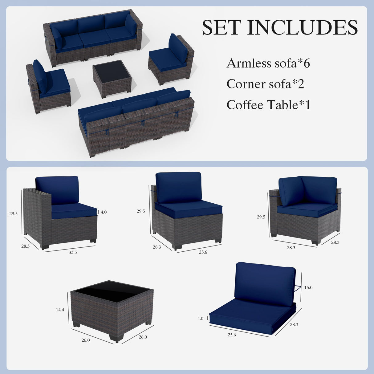 Gotland 9 Pieces Patio Furniture Set Outdoor Sectional Wicker Furniture All-Weather PE Rattan Patio Conversation Sets w/8 Replaceable Navy Waterproof Cushions and 1 Coffee Table Gotland