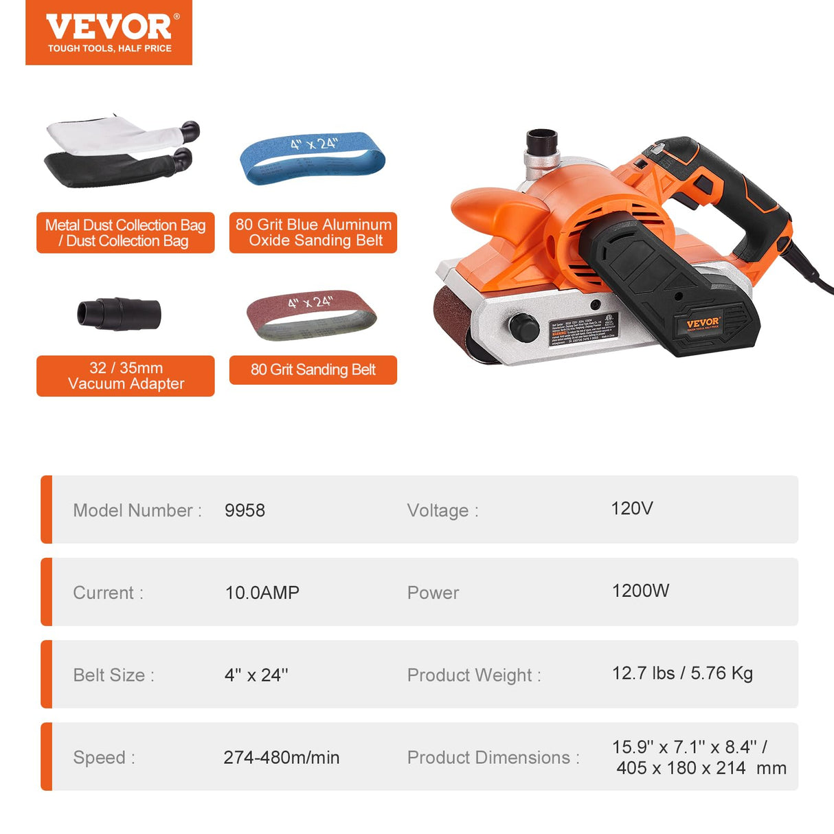 VEVOR 10AMP Belt Sander, 4" x 24" Belt Sanders for Woodworking with 6 Speeds 274-480 m/min, Powerful Sander Machine with 2 in 1 Vacuum Adapter, 2 VEVOR
