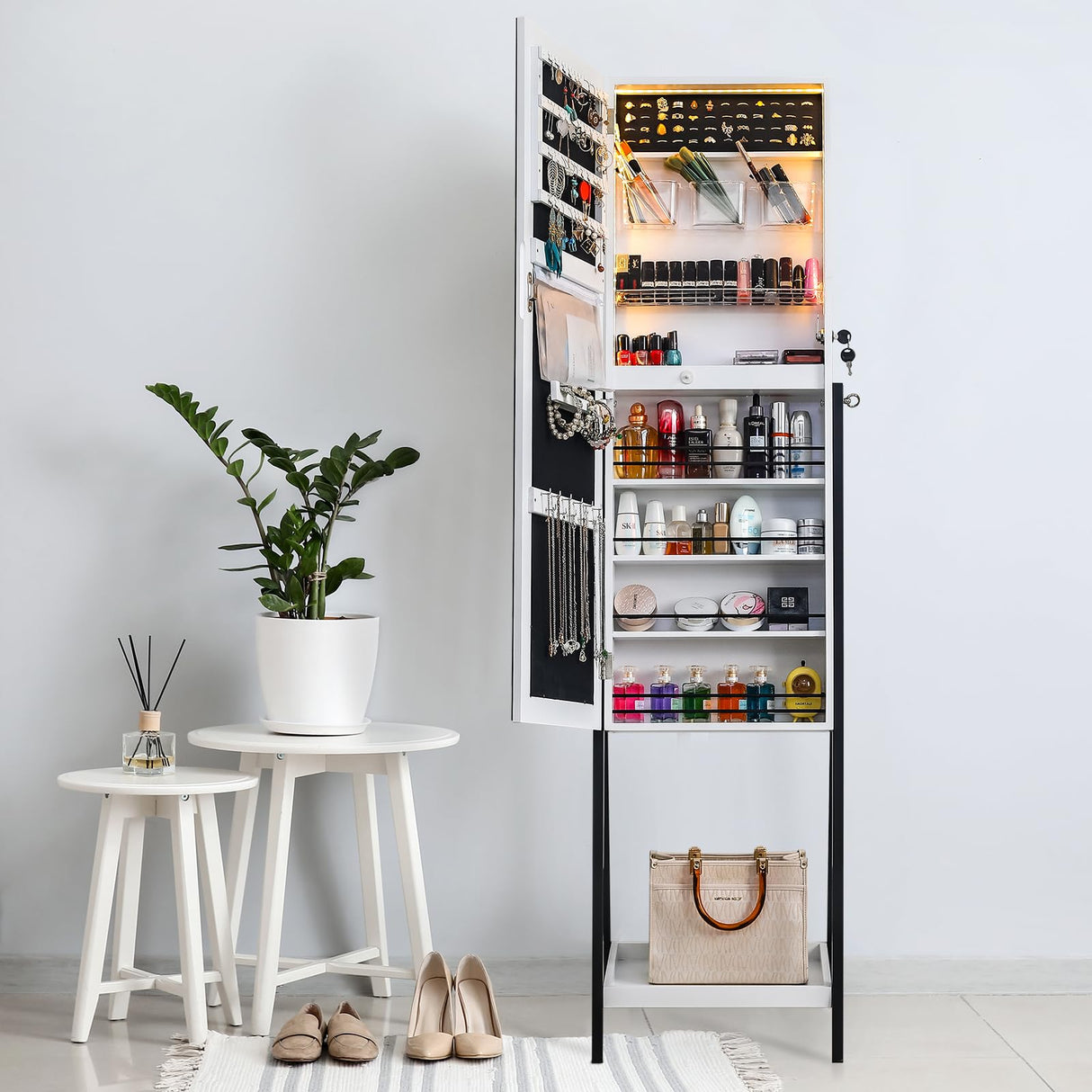 Bonnlo Jewelry Cabinet Full-Length Mirror, Lockable Jewelry Armoire with LED Light, Freestanding Jewelry Box, Large Capacity Organizer with Cosmetic Storage Shelves Bonnlo