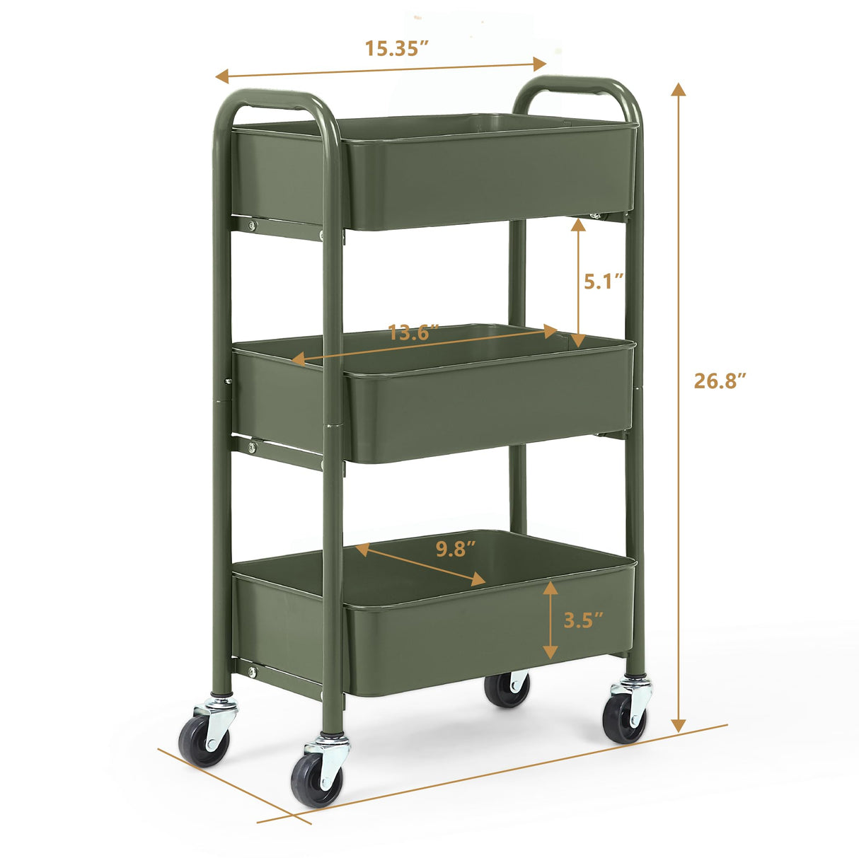 SunnyPoint 3-Tier Delicate Compact Rolling Metal Storage Organizer - Mobile Utility Cart Kitchen/Under Desk Cart with Caster Wheels (Army, Compact (15.5" X 26.8" X 10.27")) SunnyPoint