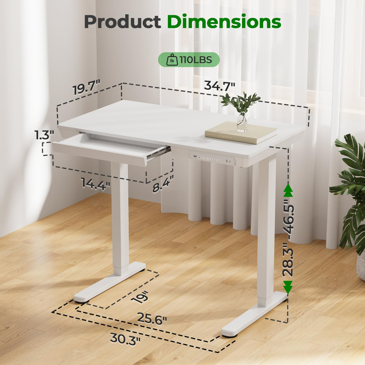 JYLH JOYSEEKER Small Standing Desk with Drawer, 35" x 20" Whole Piece Tabletop Electric Sit Stand Desk, Height Adjustable Desk with Storage & USB Ports, Quick Install Home Office Computer Desk, White JYLH JOYSEEKER