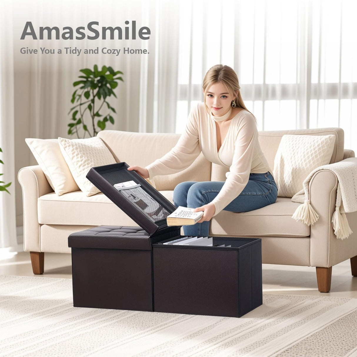 AmasSmile Footrest Ottoman Bench with Storage,34Inch Brown Leather Footstool, Coffee Table, Padded Seat, Storage Chest,Blanket Store with Flipping Lid for Livingroom and Bedroom AmasSmile