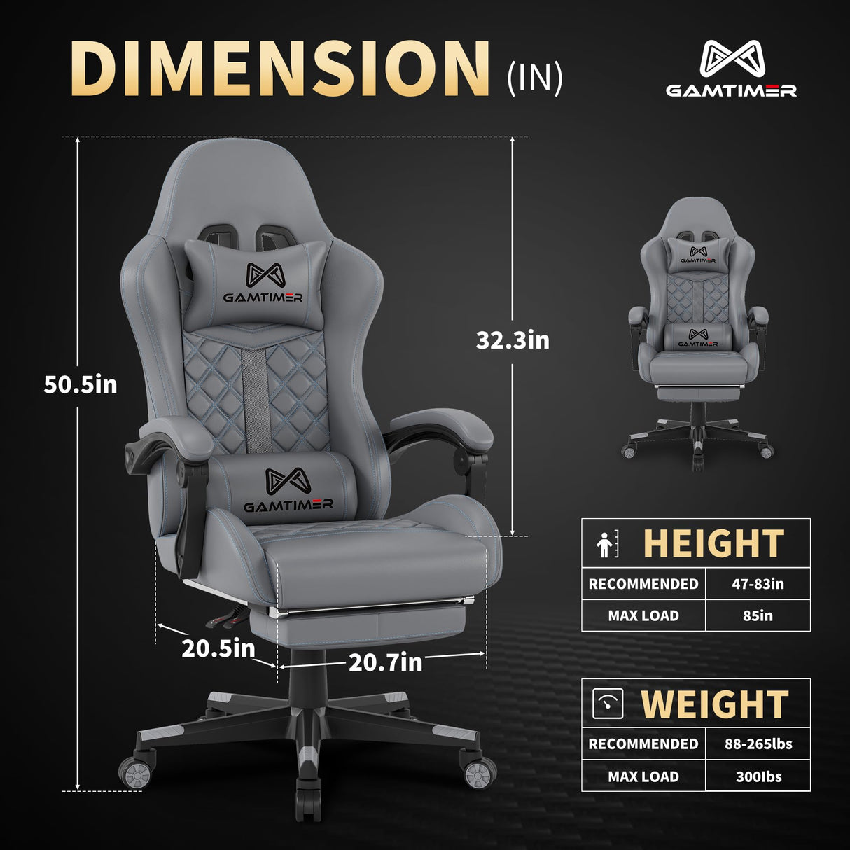 Gaming Chair, Computer Office Chair with Footrest, 155° Reclining Chair, Ergonomic High Back Computer Chair with Headrest and Lumbar Support for Adults and Kids(Grey) Gamtimer