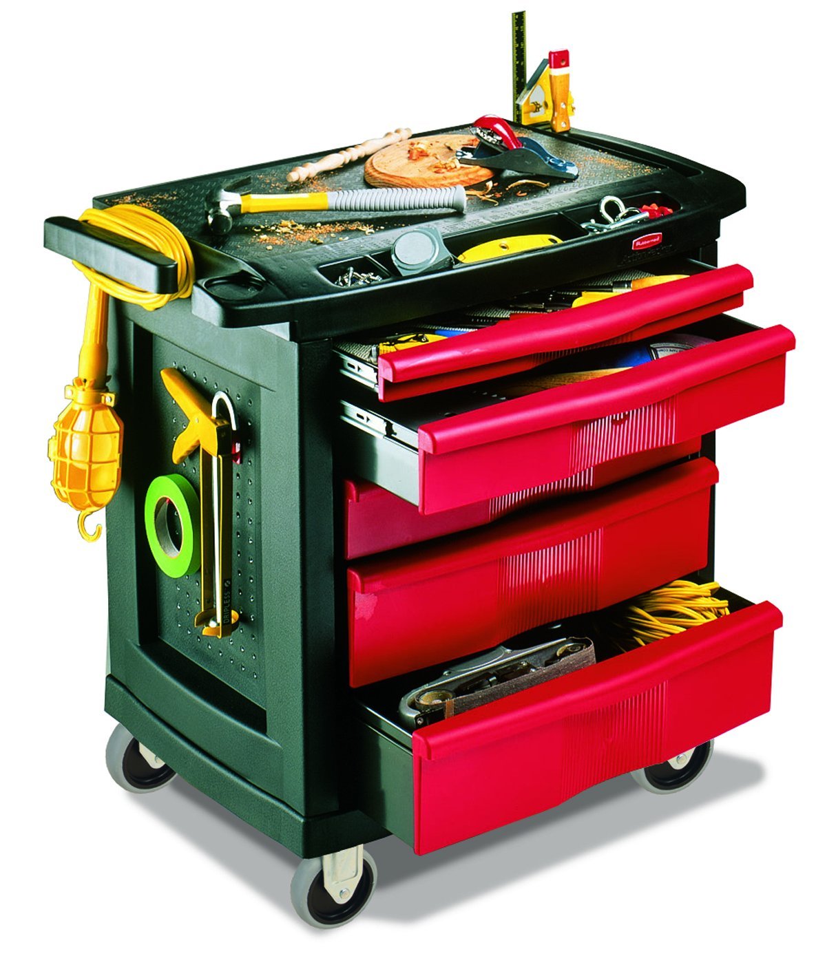 Rubbermaid Commercial Trademaster 5 Drawer Mobile Work Center, 33" L x 20" W x 34" H, Black/Red (FG773488BLA) Rubbermaid Commercial Products