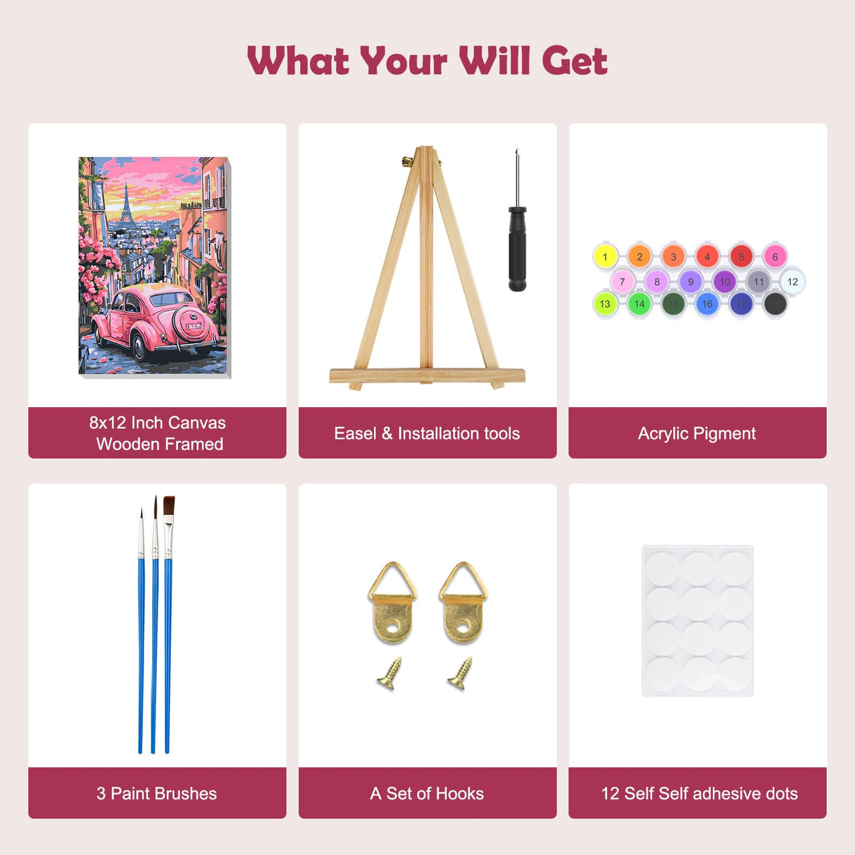 MOGTAA Pink Car Paint by Numbers Kit for Adults Beginners with Frame, Flowers Adult Paint by Number Kits on Canvas with Easel, Easy DIY Oil Painting Kits for Home Decor, 8x12in MOGTAA